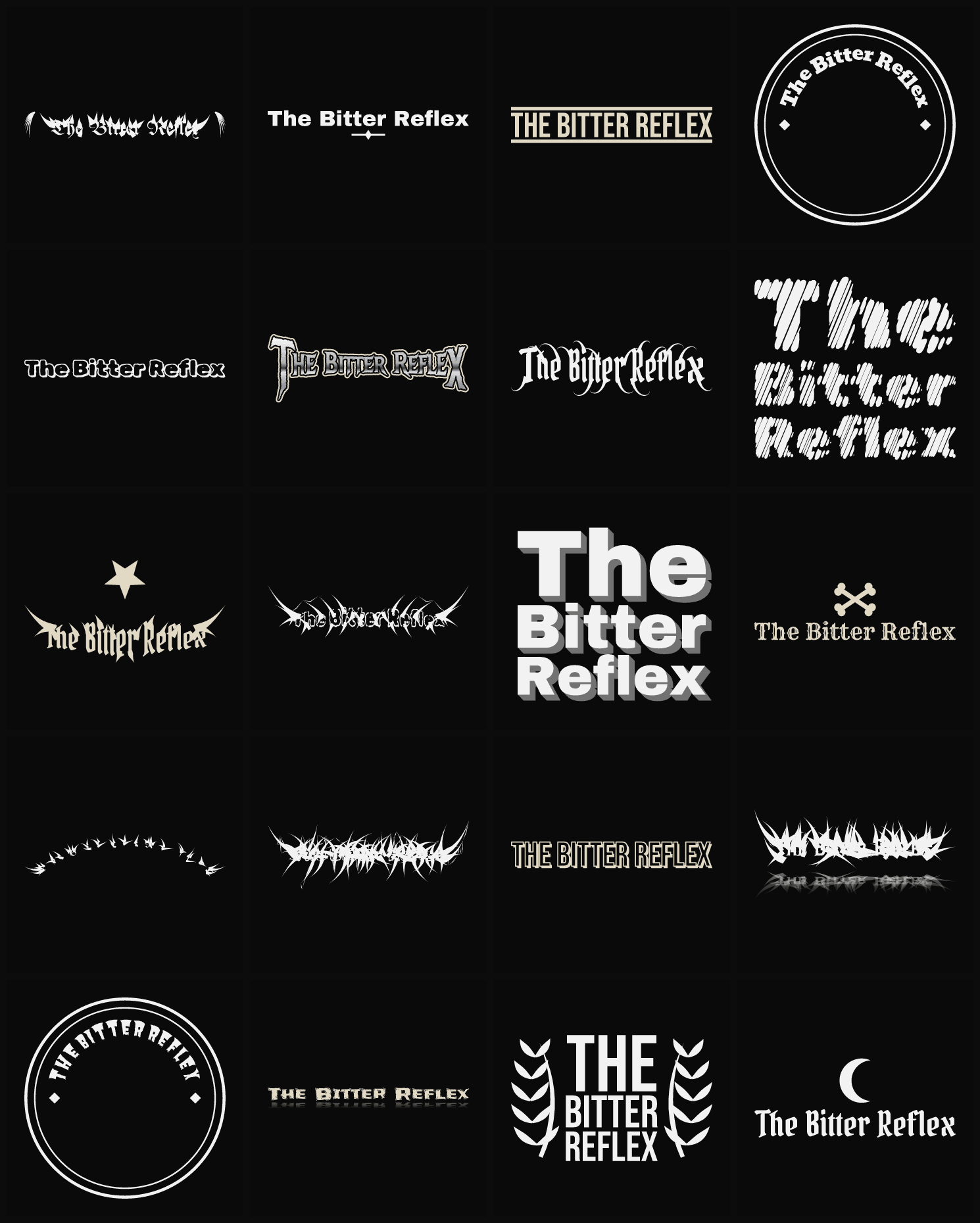 Twenty The Bitter Reflex band logo ideas — different faces, treatments and spike settings