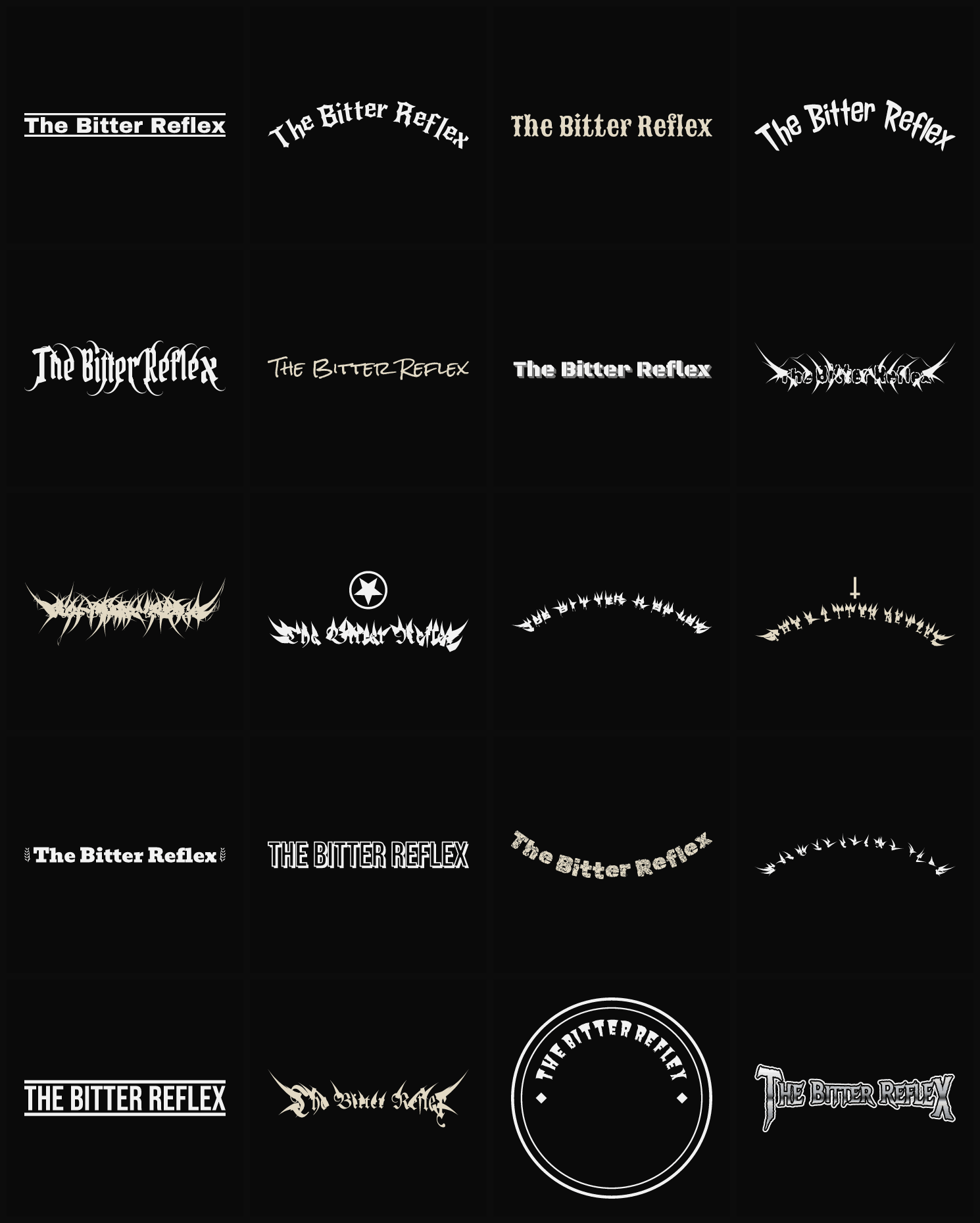 Twenty The Bitter Reflex band logo ideas — different faces, treatments and spike settings