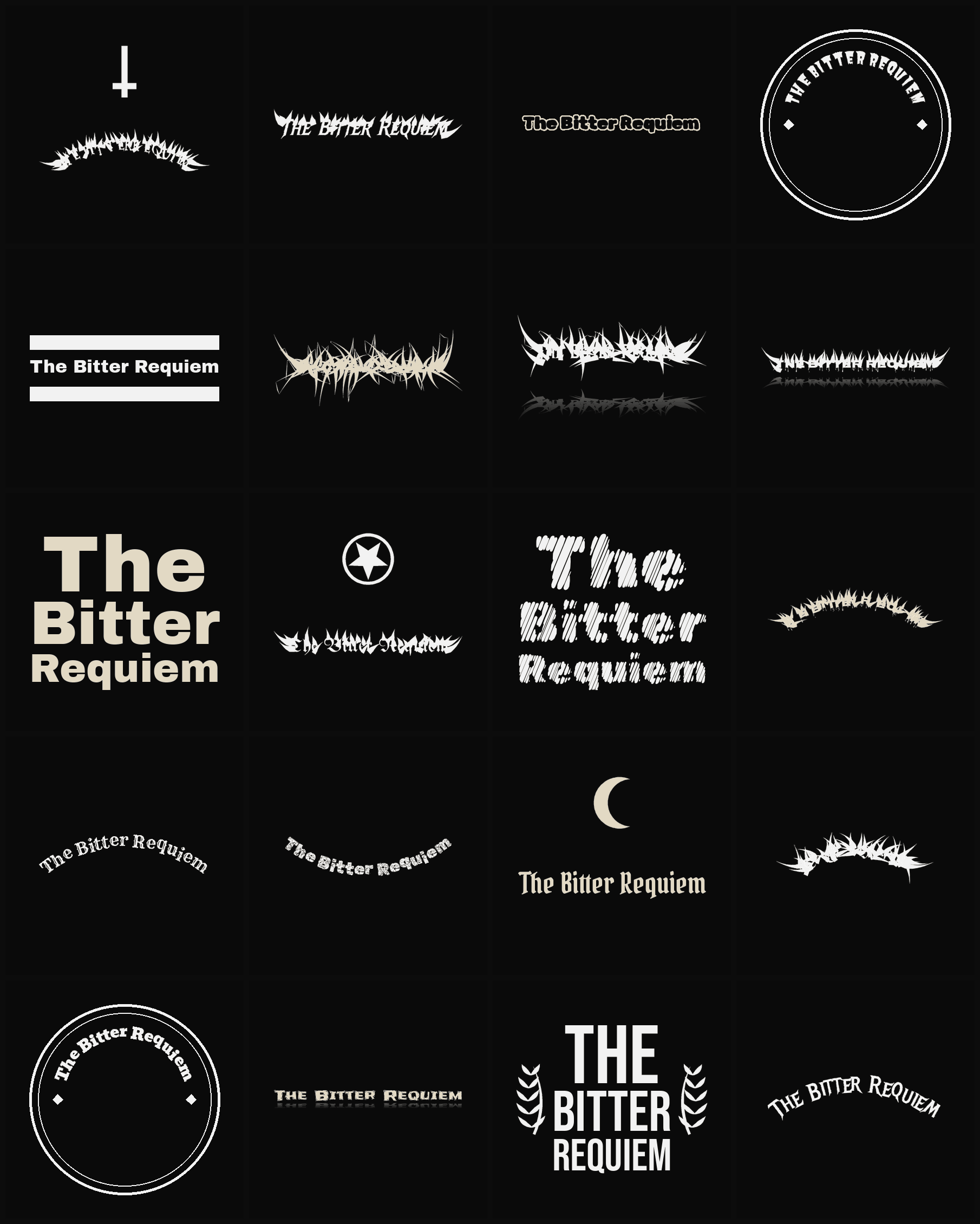 Twenty The Bitter Requiem band logo ideas — different faces, treatments and spike settings