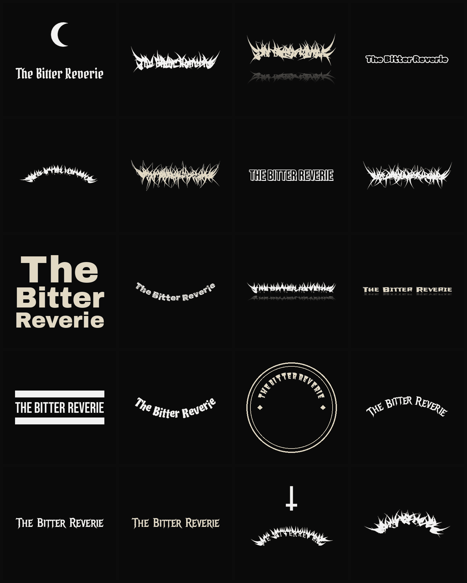 Twenty The Bitter Reverie band logo ideas — different faces, treatments and spike settings
