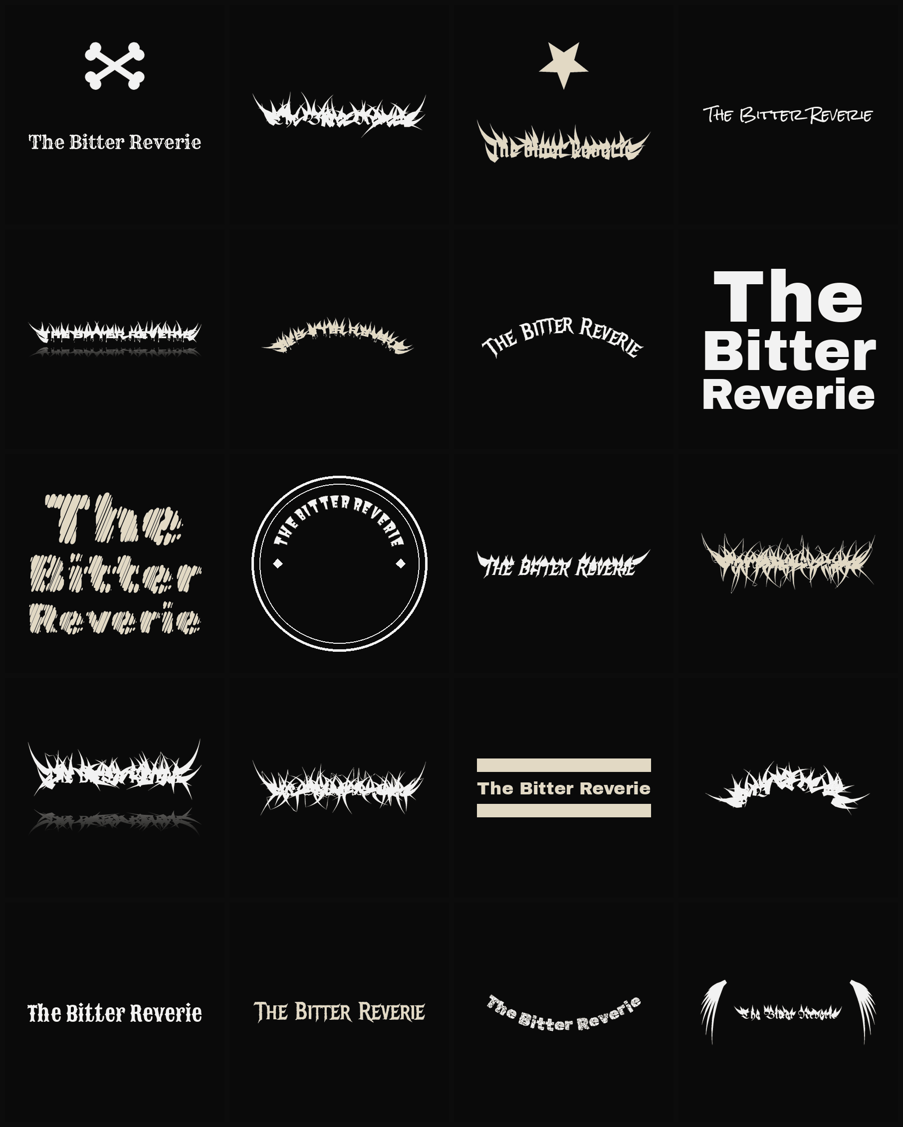 Twenty The Bitter Reverie band logo ideas — different faces, treatments and spike settings