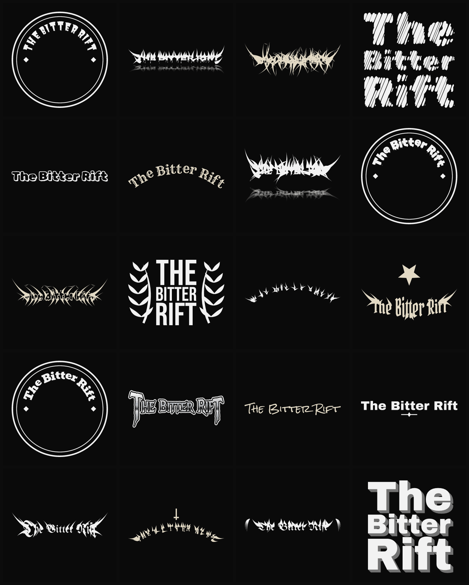 Twenty The Bitter Rift band logo ideas — different faces, treatments and spike settings
