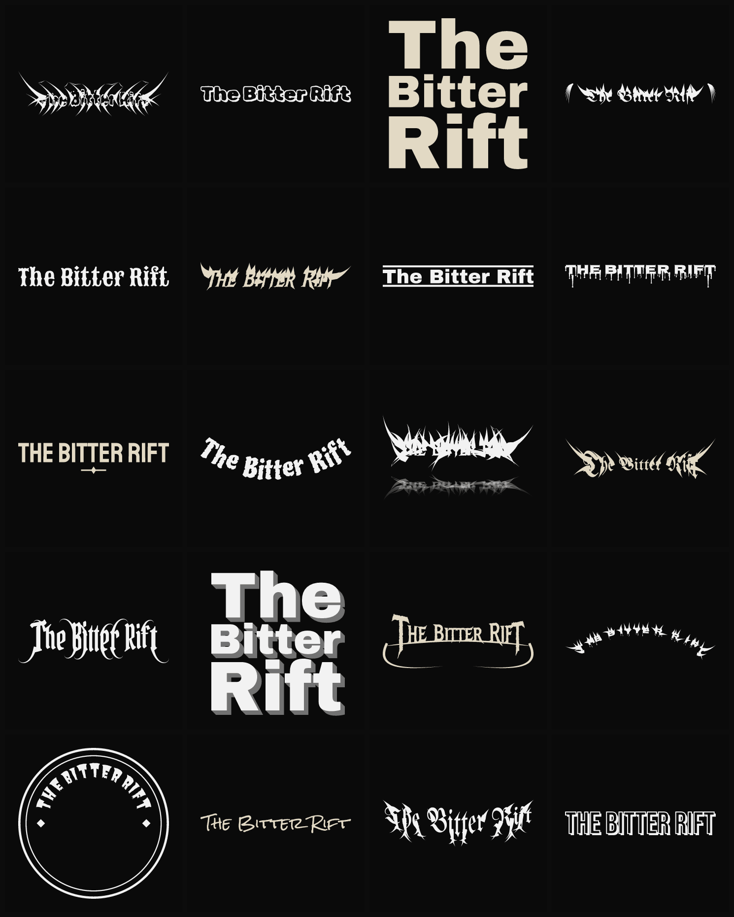 Twenty The Bitter Rift band logo ideas — different faces, treatments and spike settings