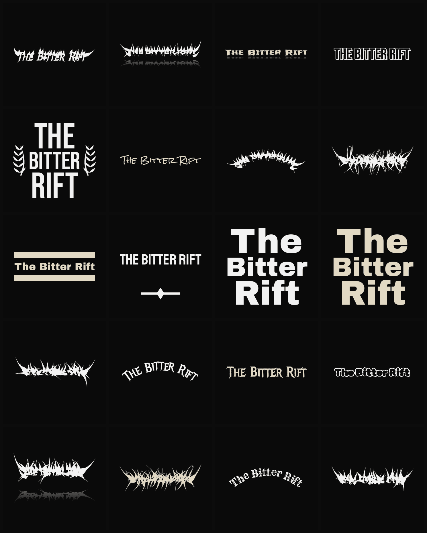 Twenty The Bitter Rift band logo ideas — different faces, treatments and spike settings