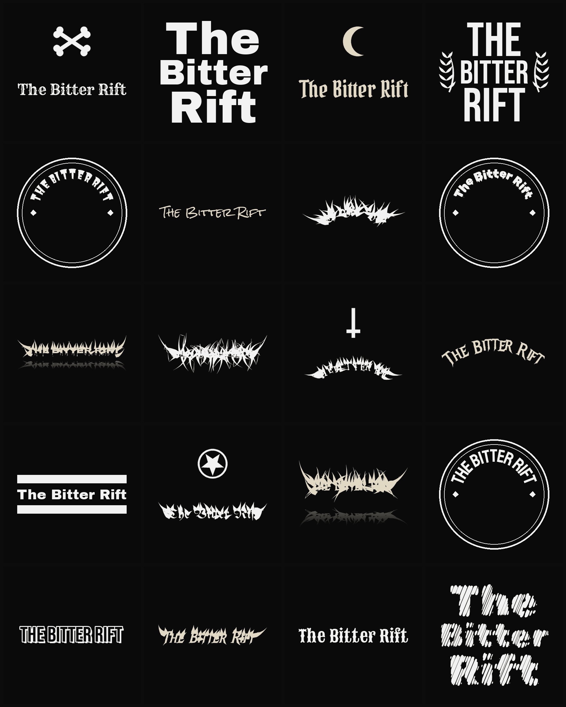 Twenty The Bitter Rift band logo ideas — different faces, treatments and spike settings