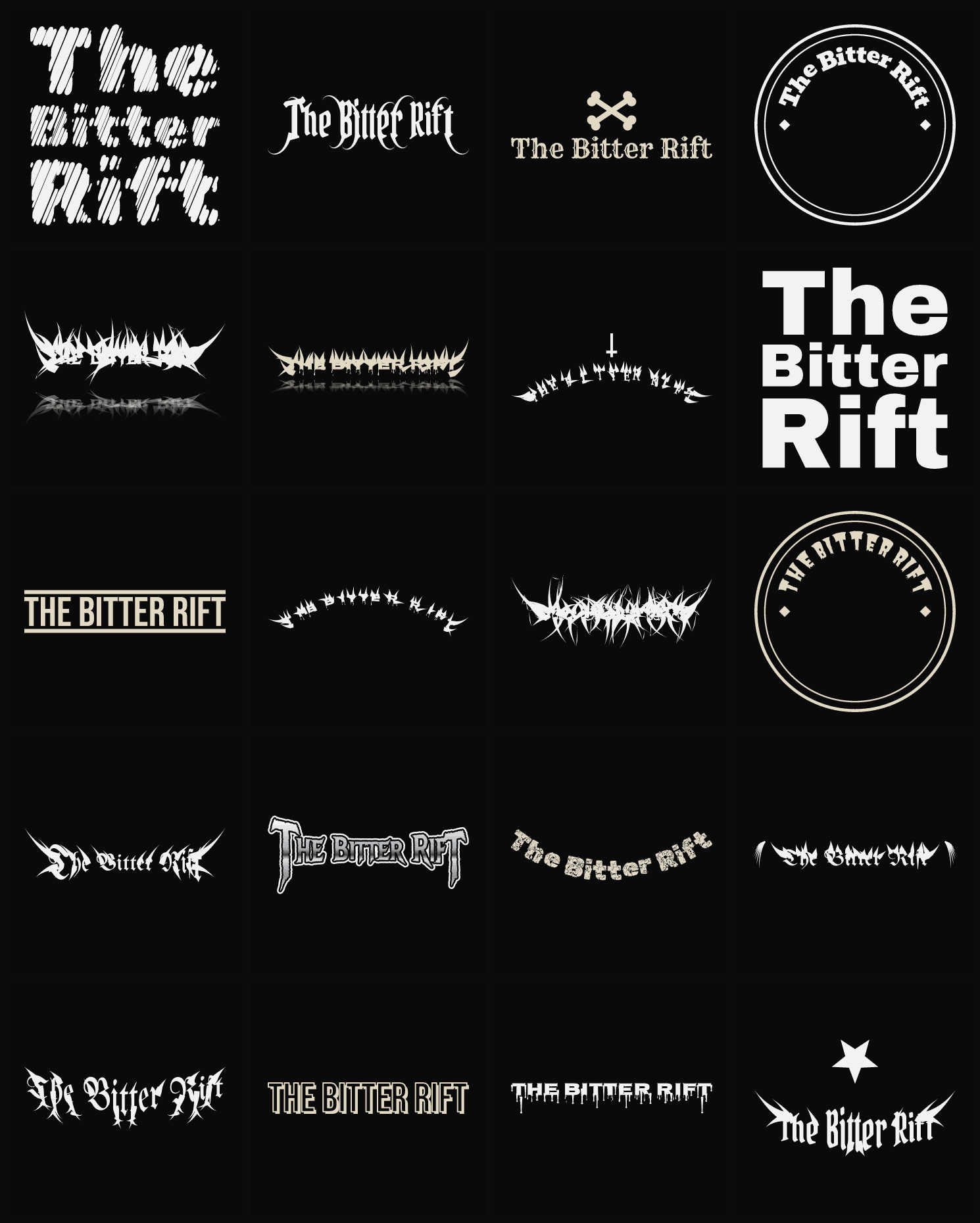 Twenty The Bitter Rift band logo ideas — different faces, treatments and spike settings