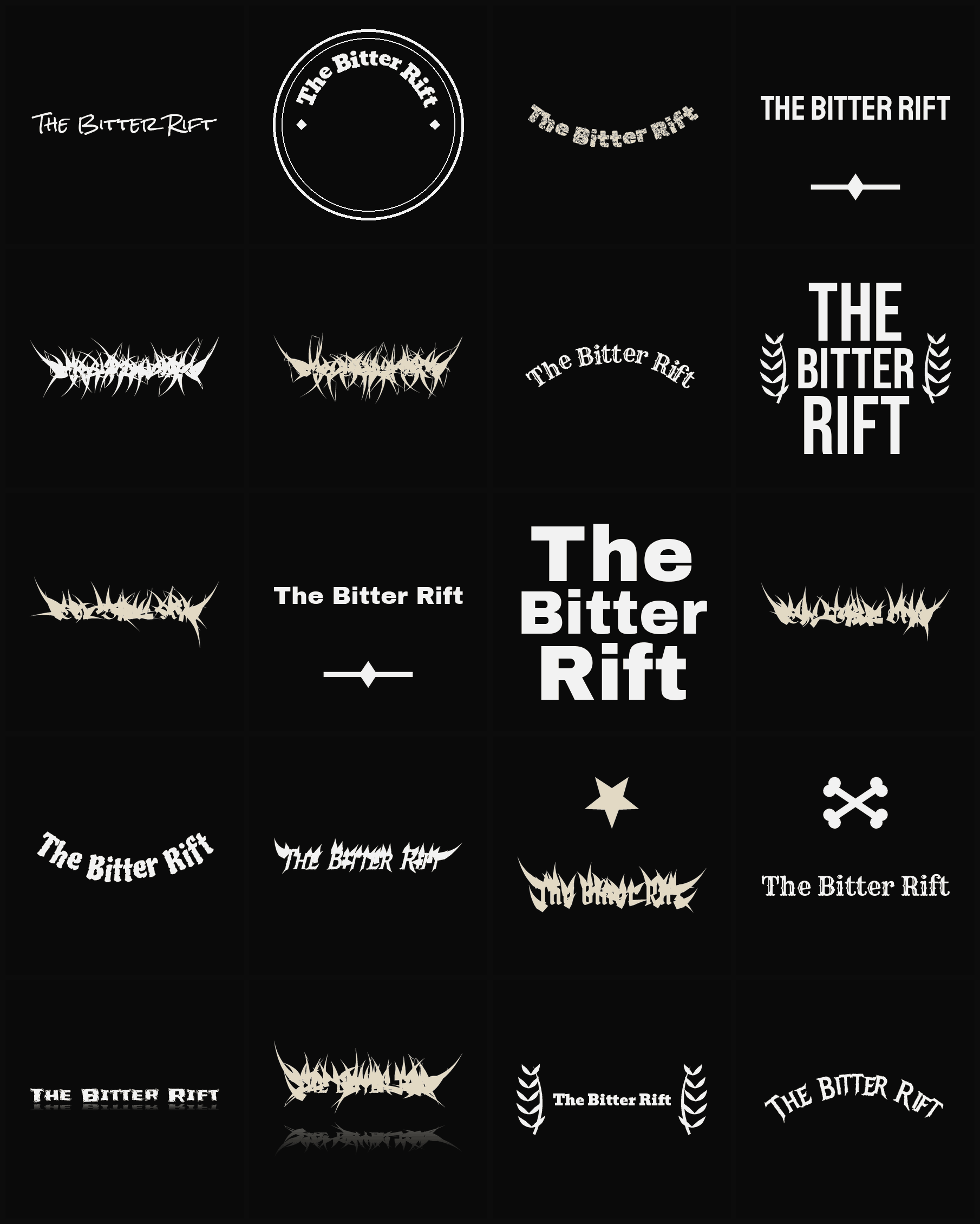 Twenty The Bitter Rift band logo ideas — different faces, treatments and spike settings