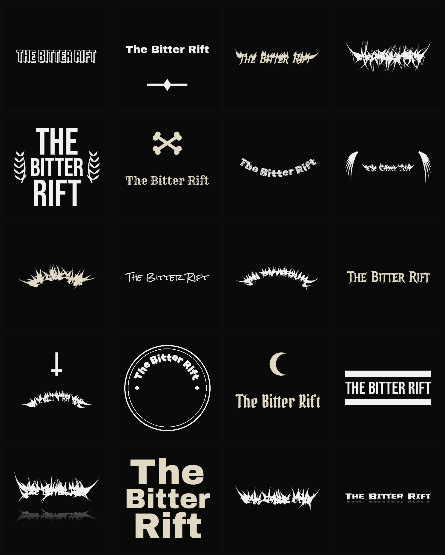 Twenty The Bitter Rift band logo ideas — different faces, treatments and spike settings