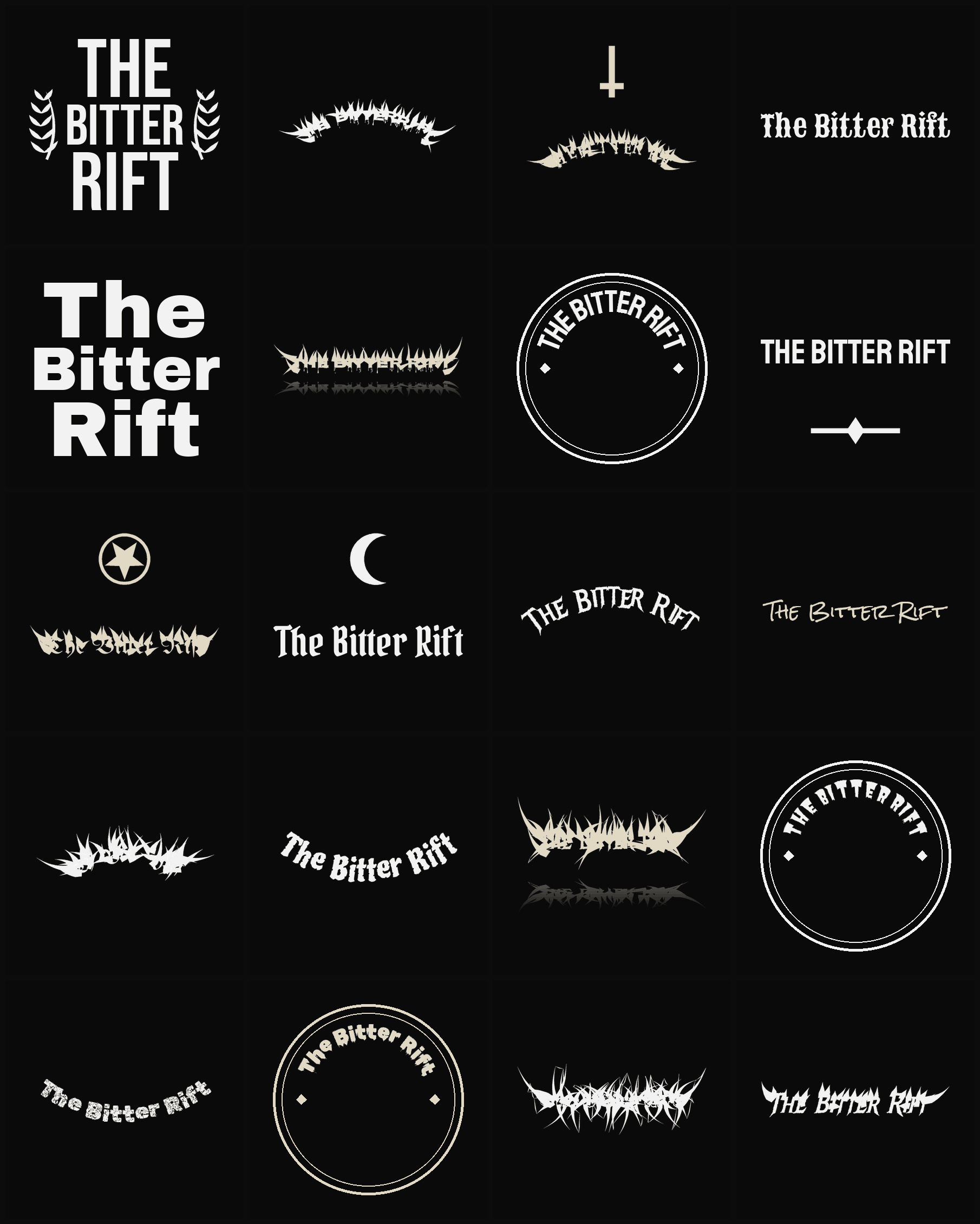 Twenty The Bitter Rift band logo ideas — different faces, treatments and spike settings
