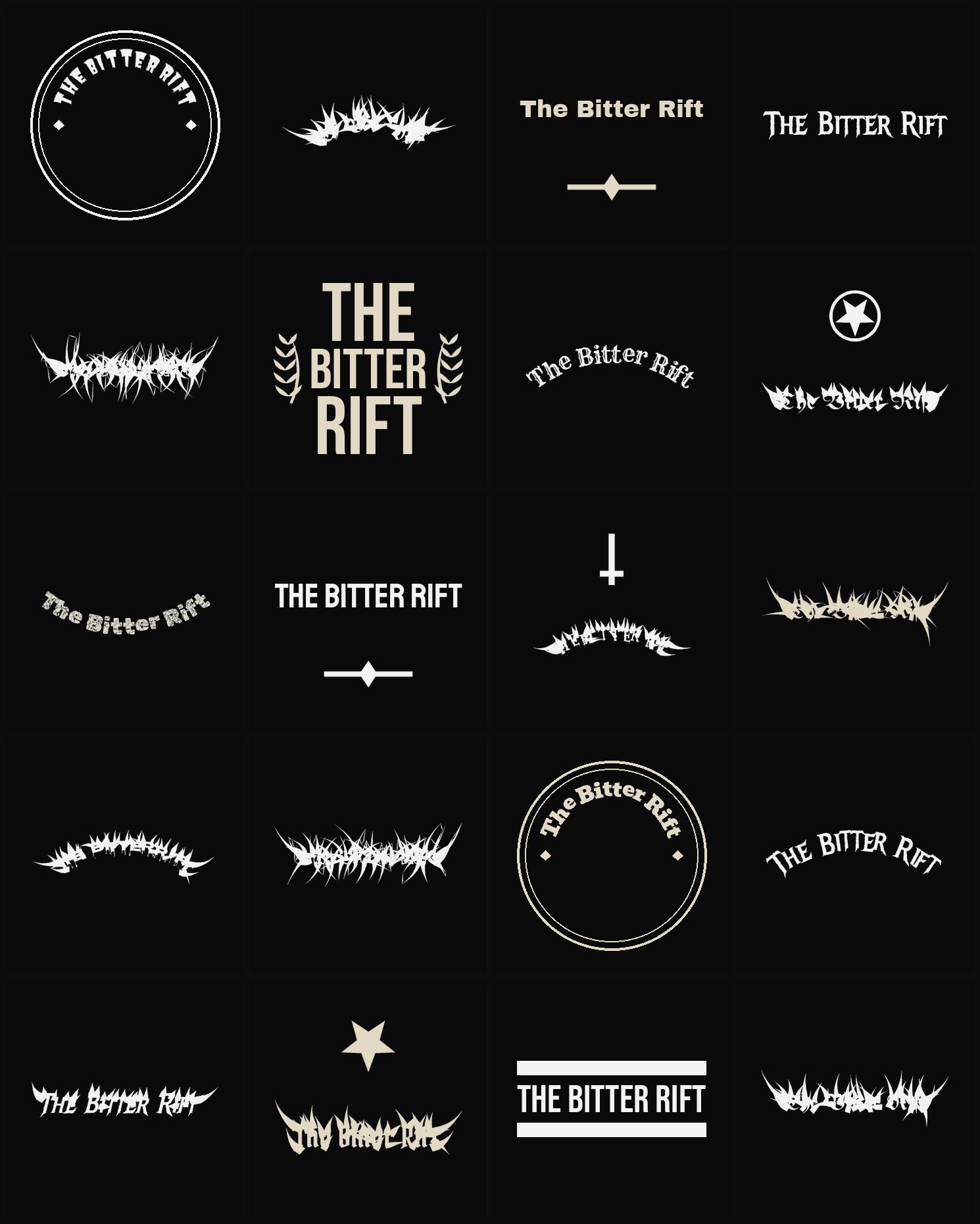 Twenty The Bitter Rift band logo ideas — different faces, treatments and spike settings