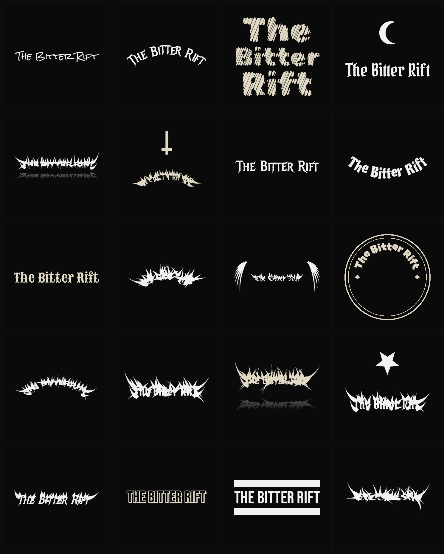 Twenty The Bitter Rift band logo ideas — different faces, treatments and spike settings