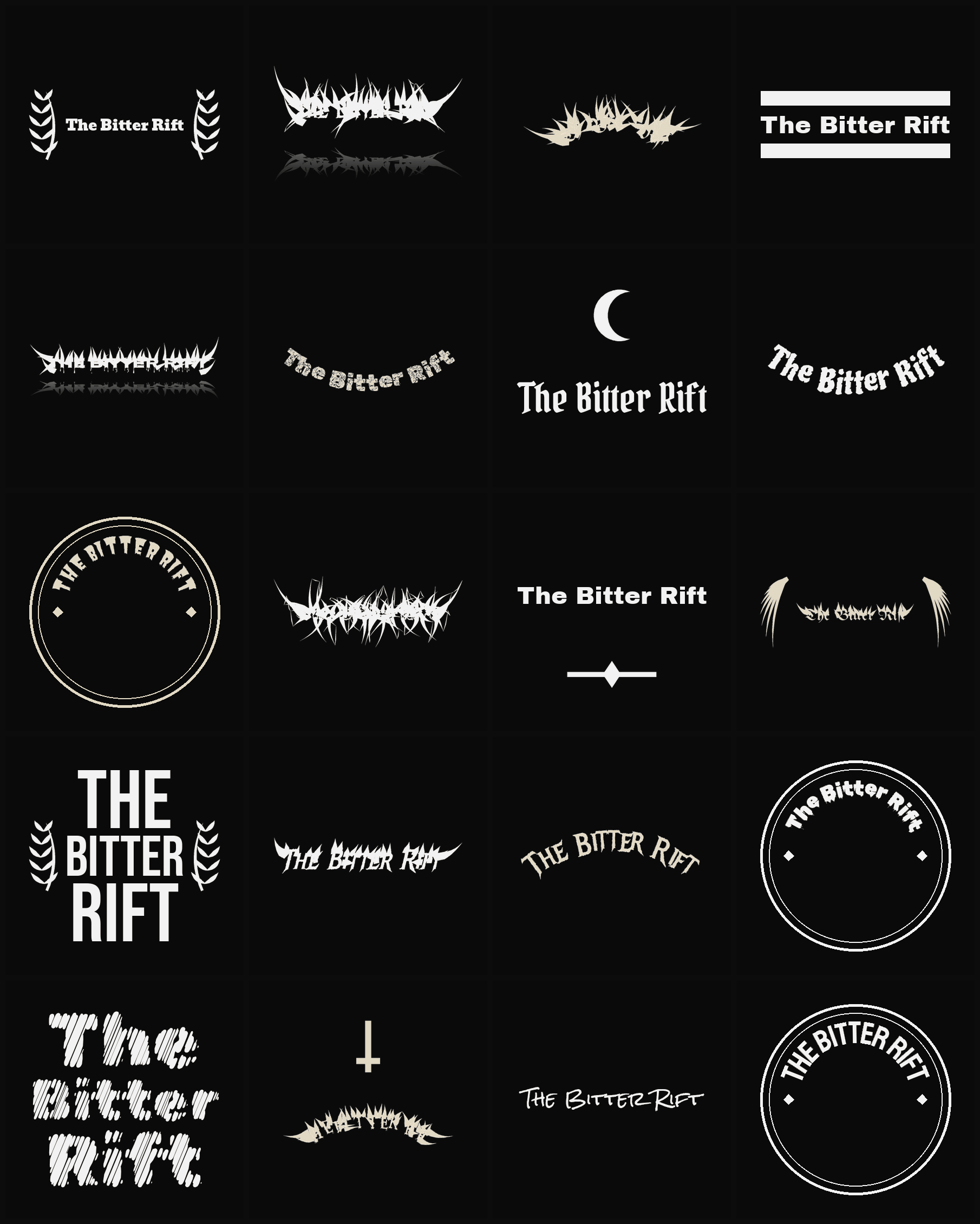Twenty The Bitter Rift band logo ideas — different faces, treatments and spike settings