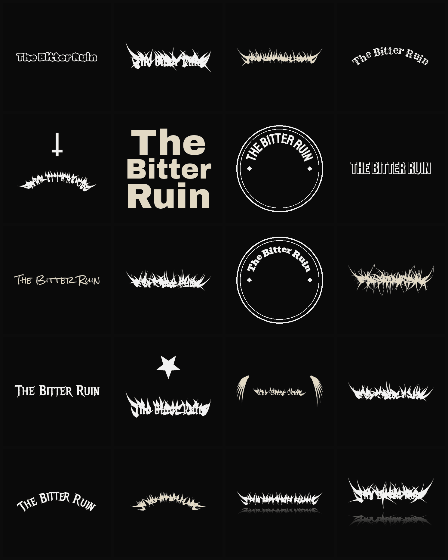 Twenty The Bitter Ruin band logo ideas — different faces, treatments and spike settings