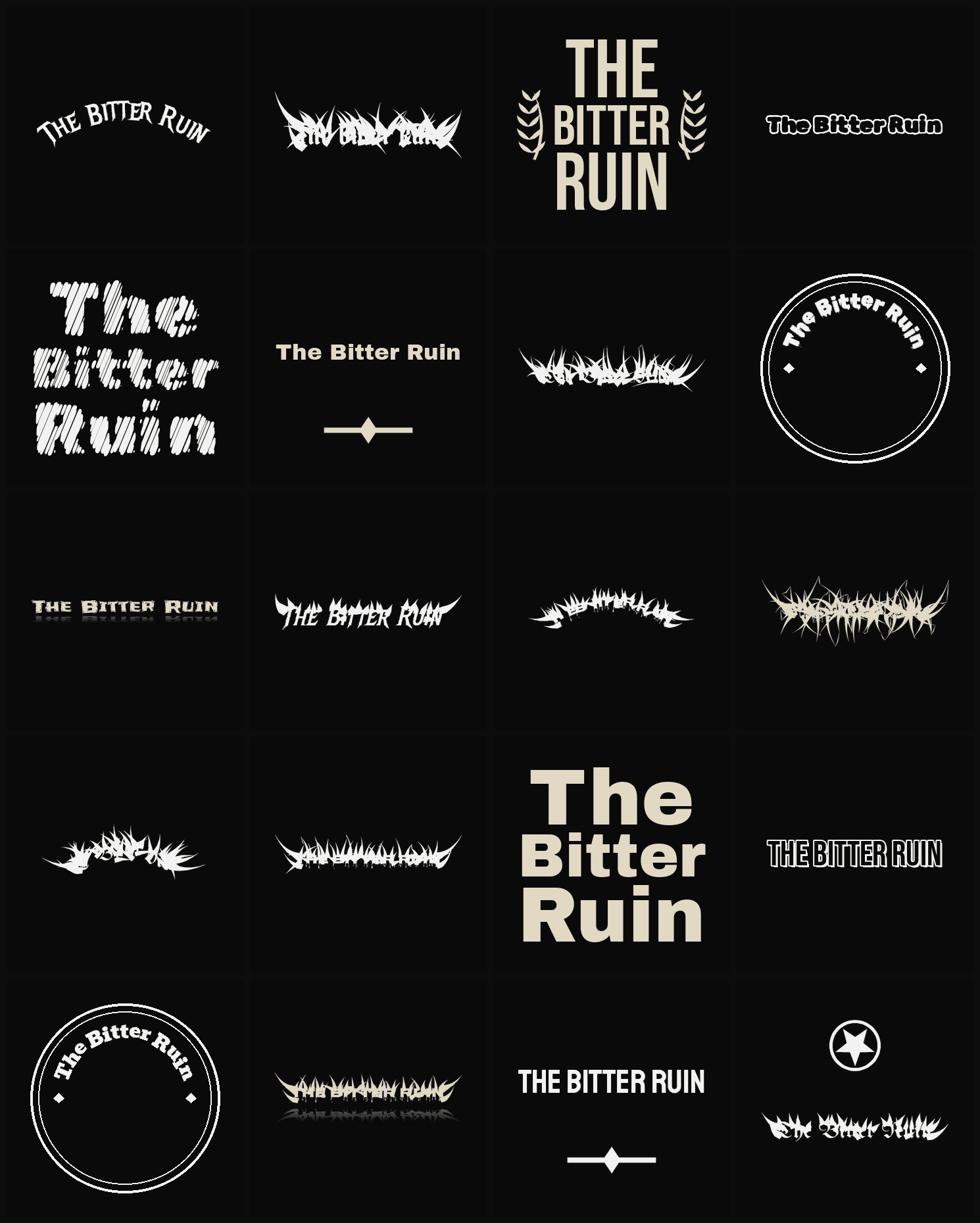 Twenty The Bitter Ruin band logo ideas — different faces, treatments and spike settings