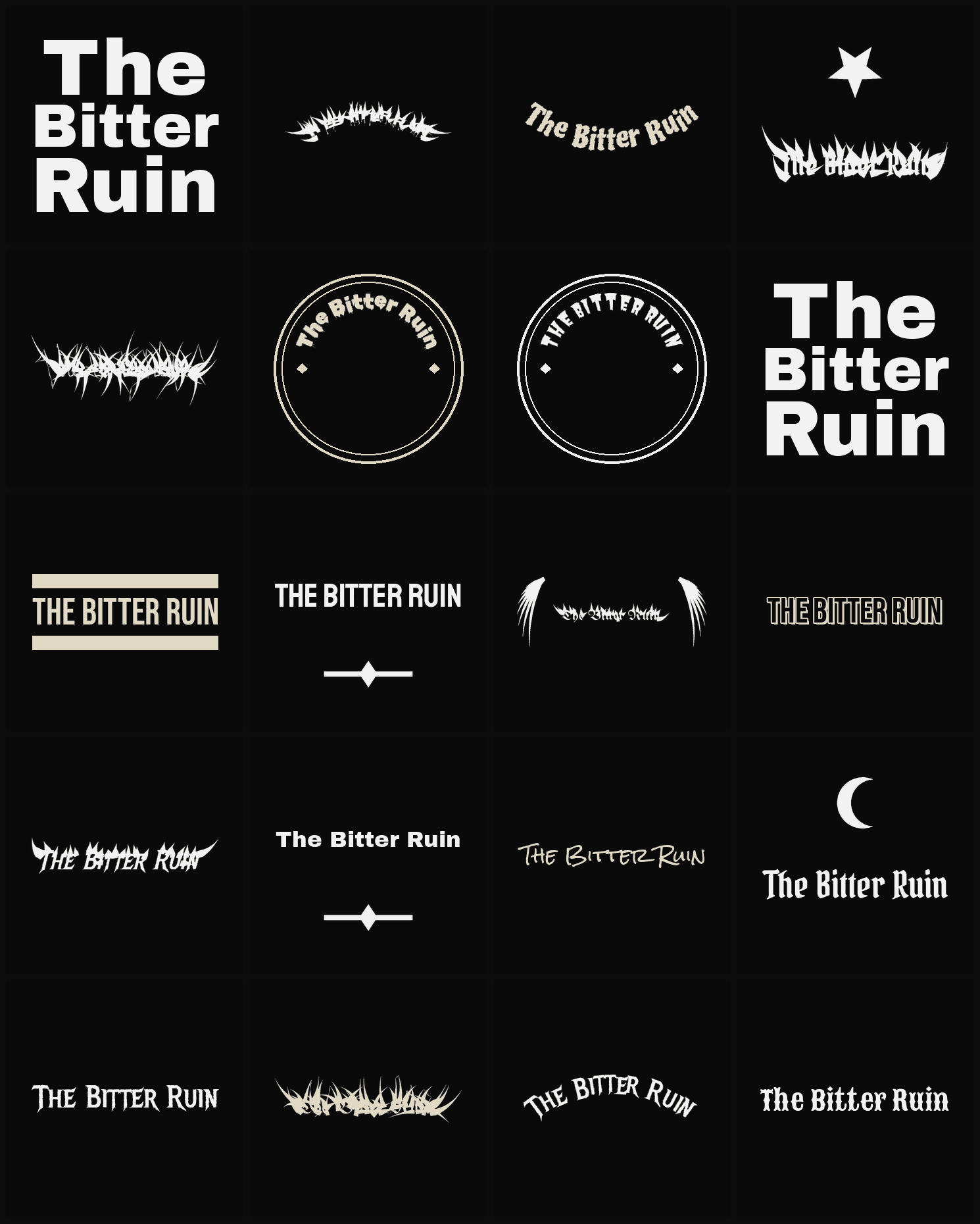Twenty The Bitter Ruin band logo ideas — different faces, treatments and spike settings