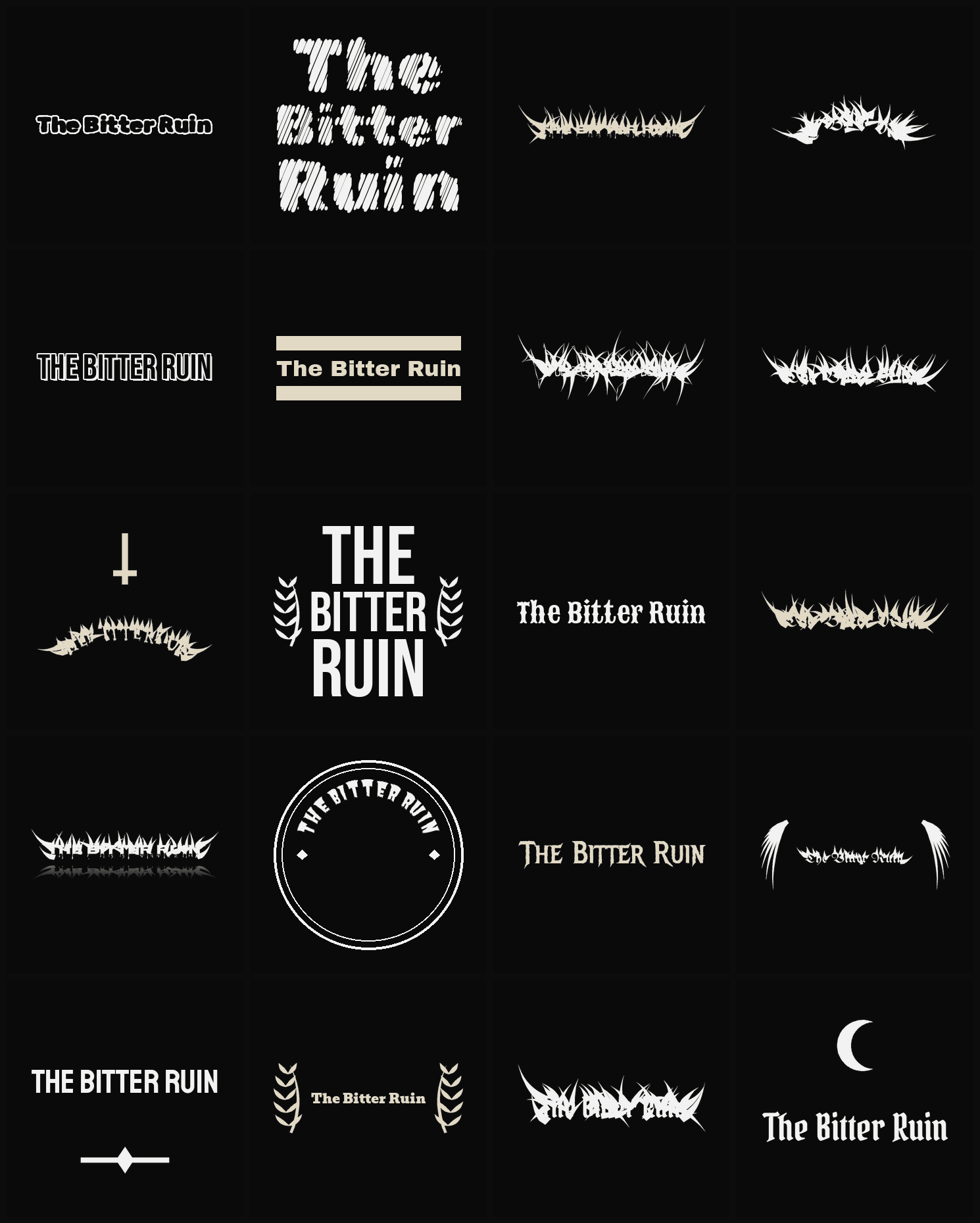 Twenty The Bitter Ruin band logo ideas — different faces, treatments and spike settings
