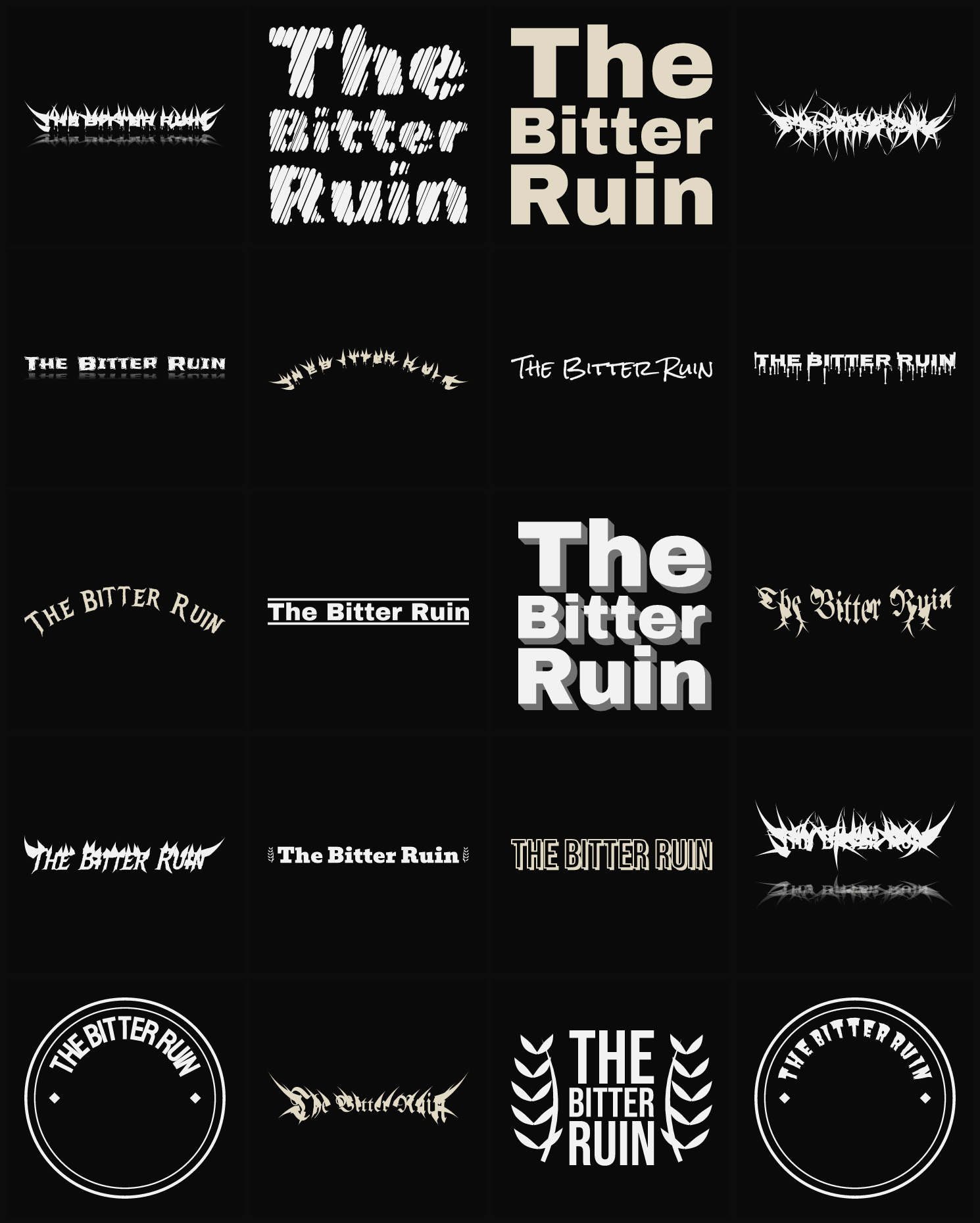 Twenty The Bitter Ruin band logo ideas — different faces, treatments and spike settings