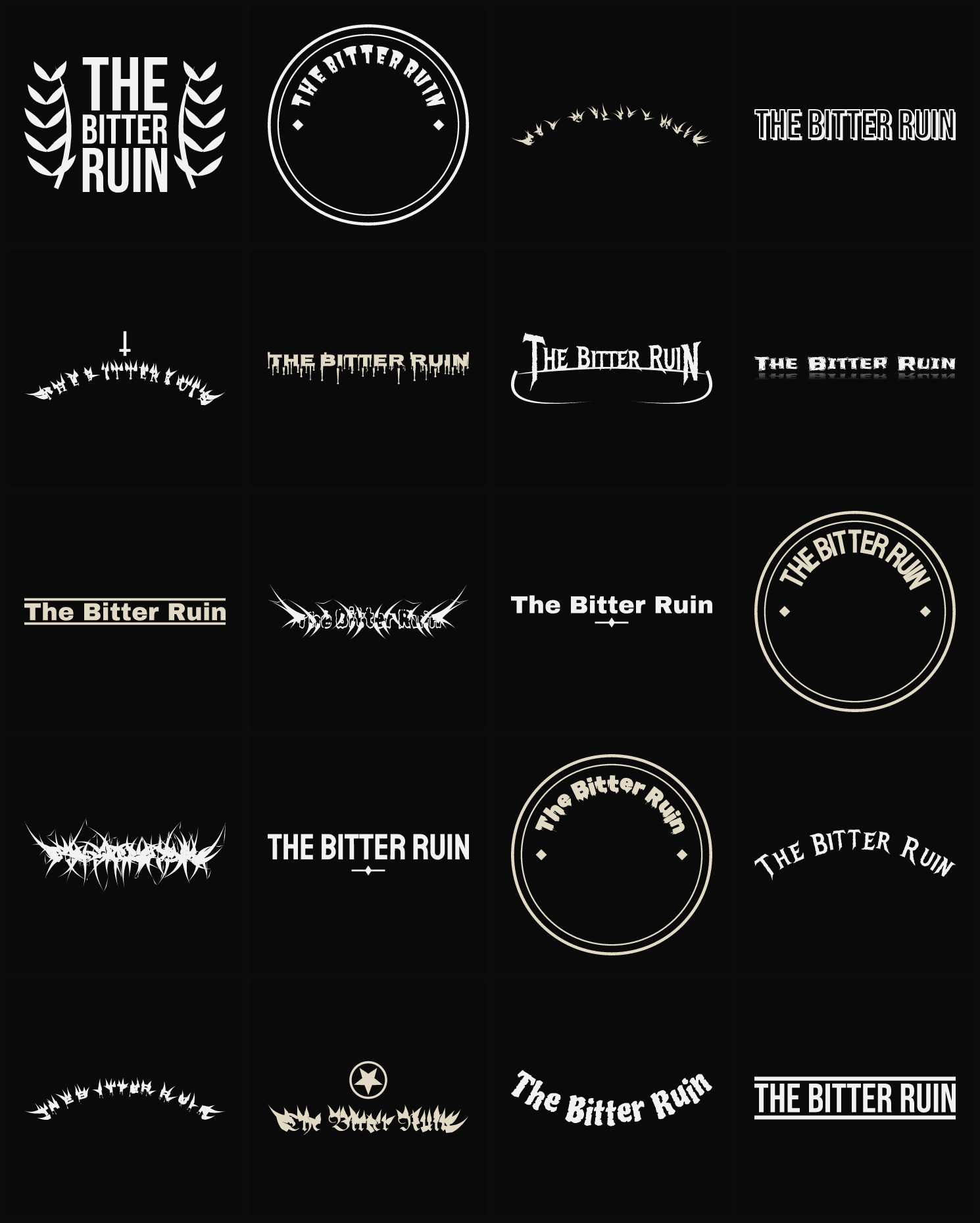Twenty The Bitter Ruin band logo ideas — different faces, treatments and spike settings