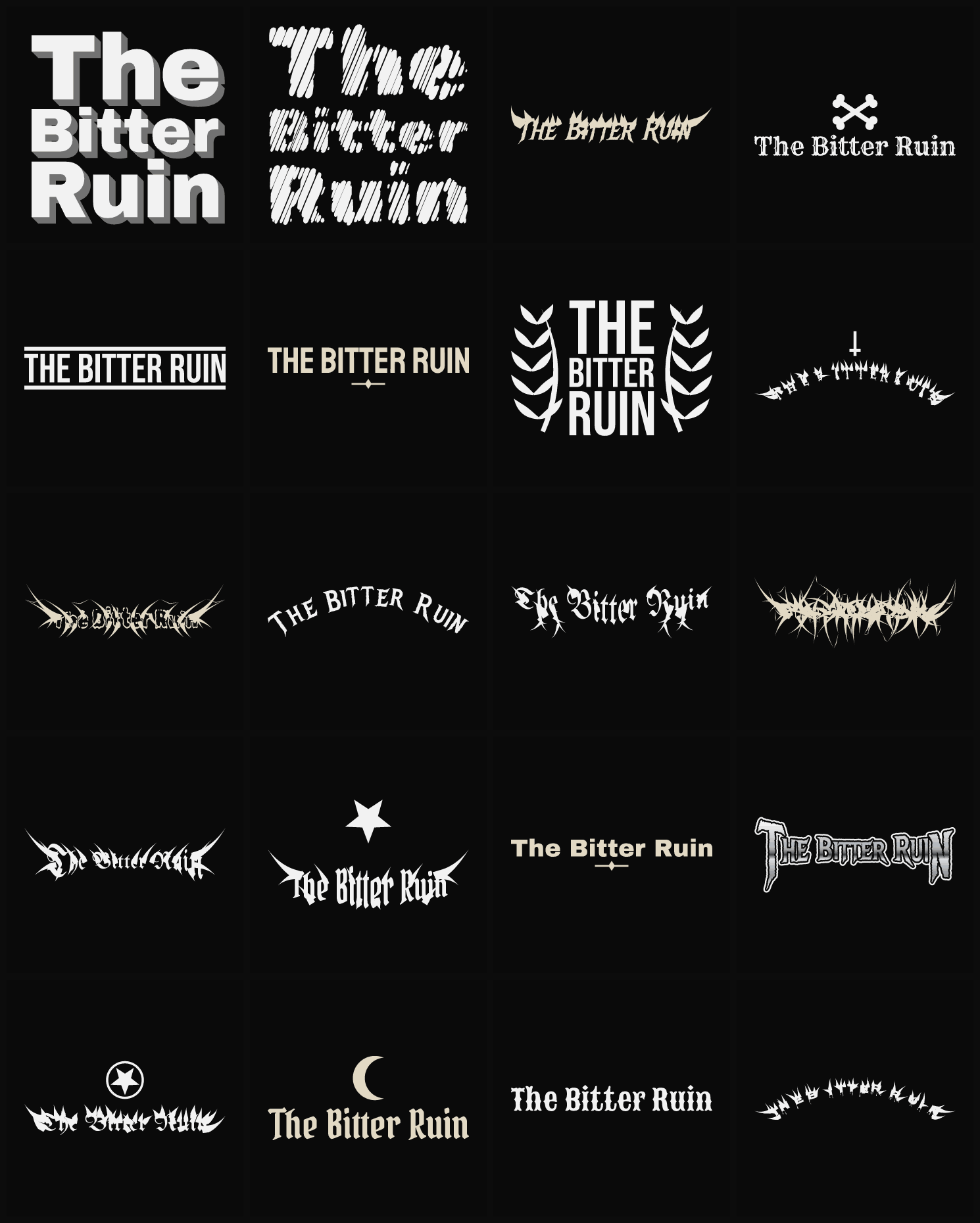 Twenty The Bitter Ruin band logo ideas — different faces, treatments and spike settings