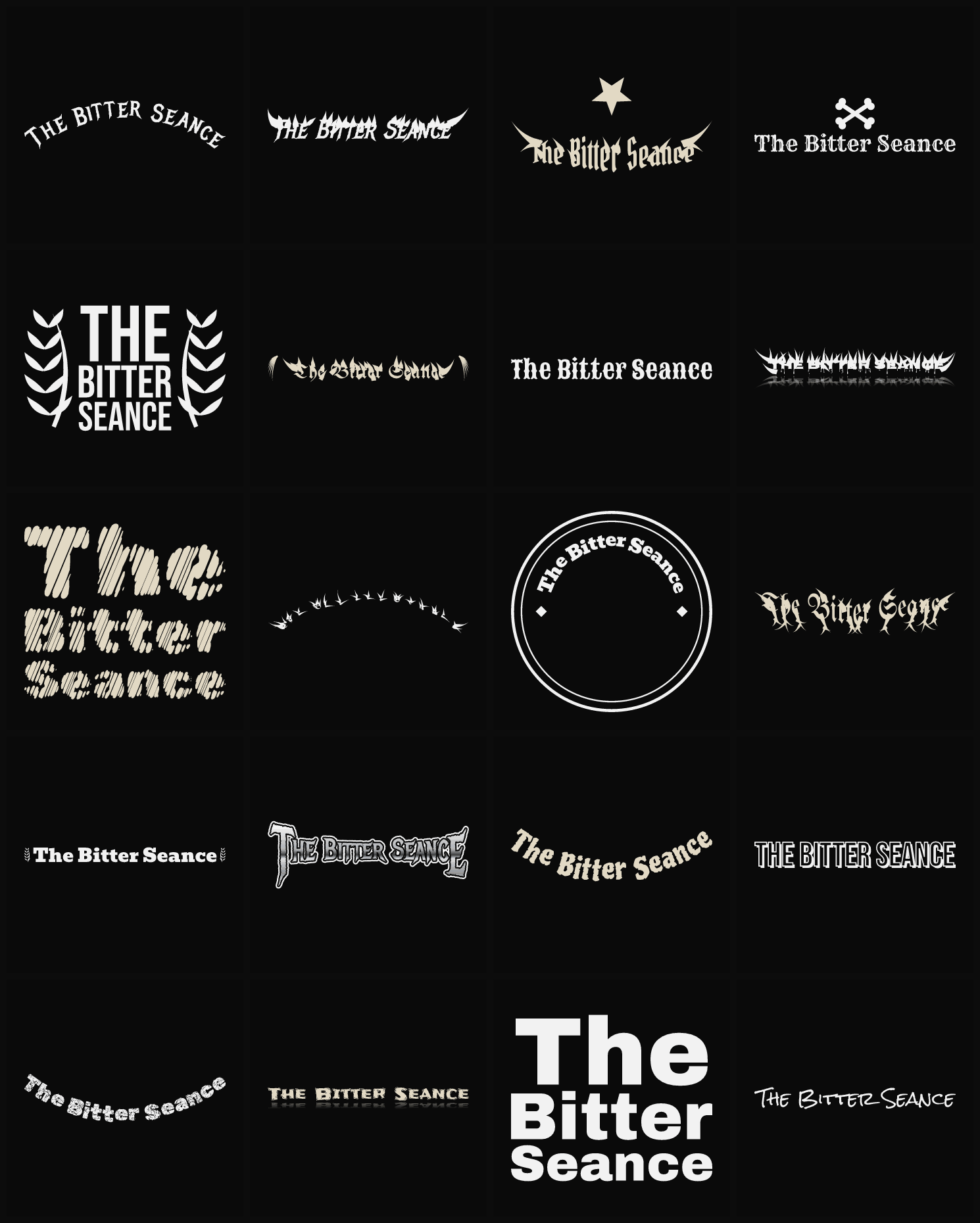 Twenty The Bitter Seance band logo ideas — different faces, treatments and spike settings