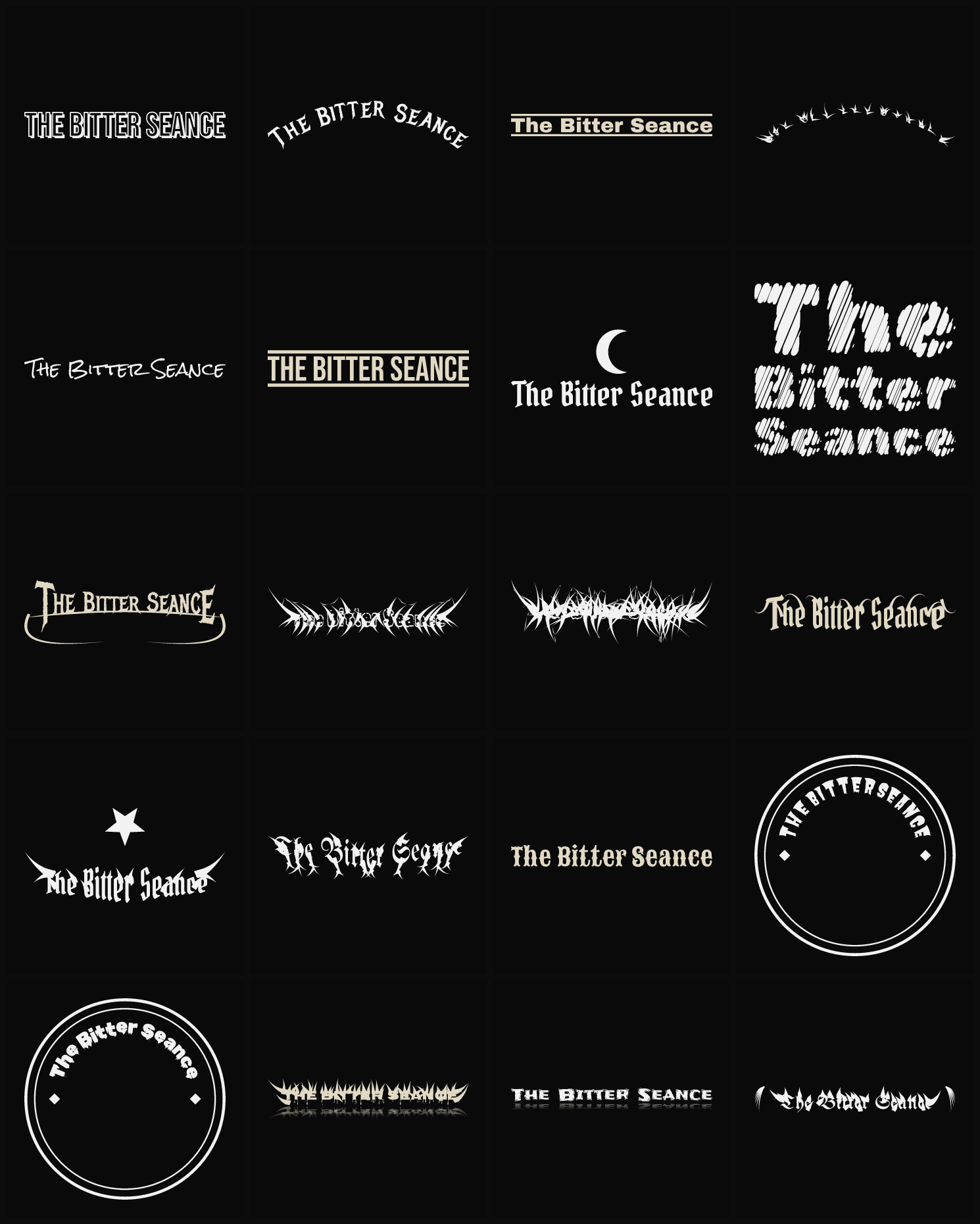 Twenty The Bitter Seance band logo ideas — different faces, treatments and spike settings