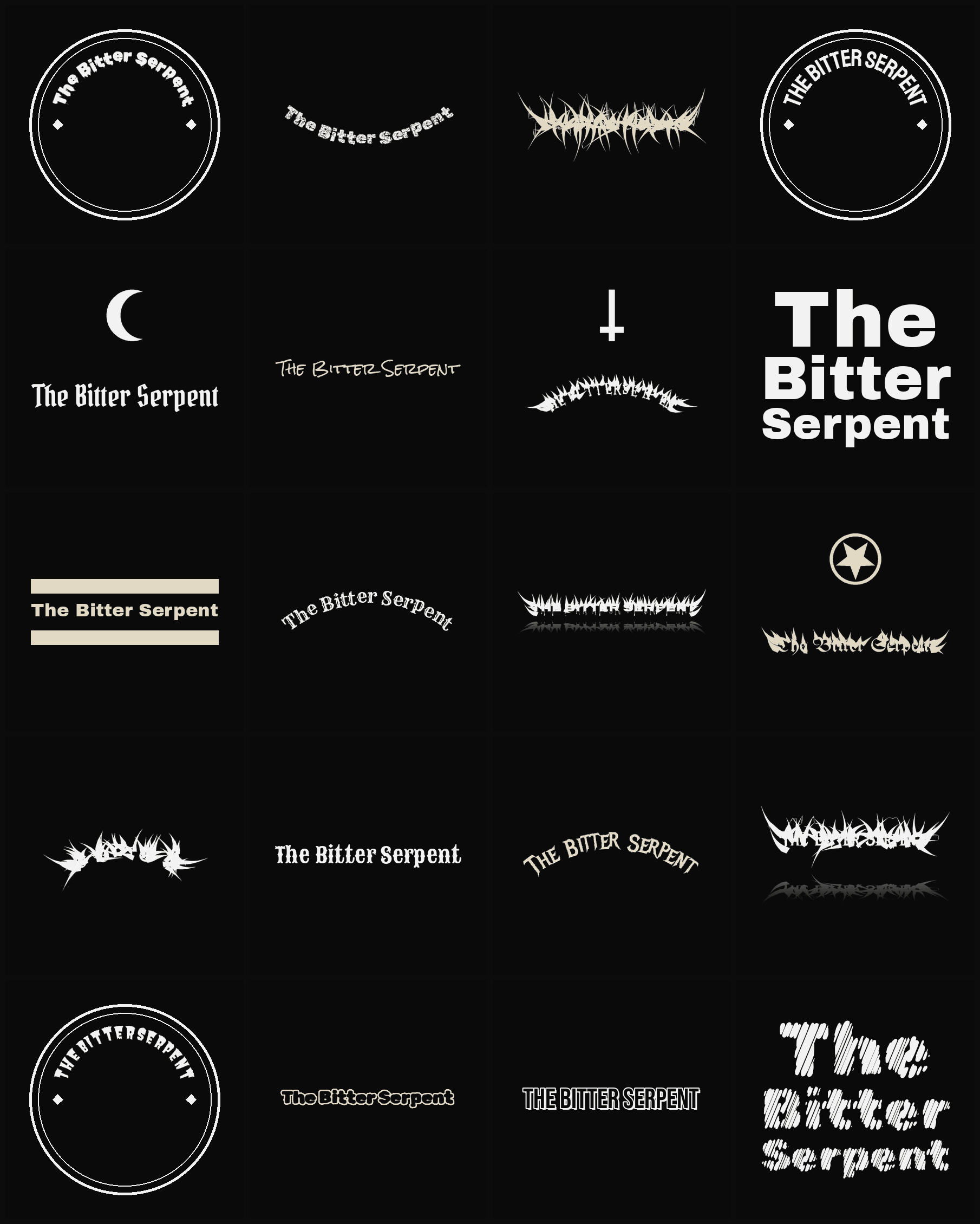 Twenty The Bitter Serpent band logo ideas — different faces, treatments and spike settings