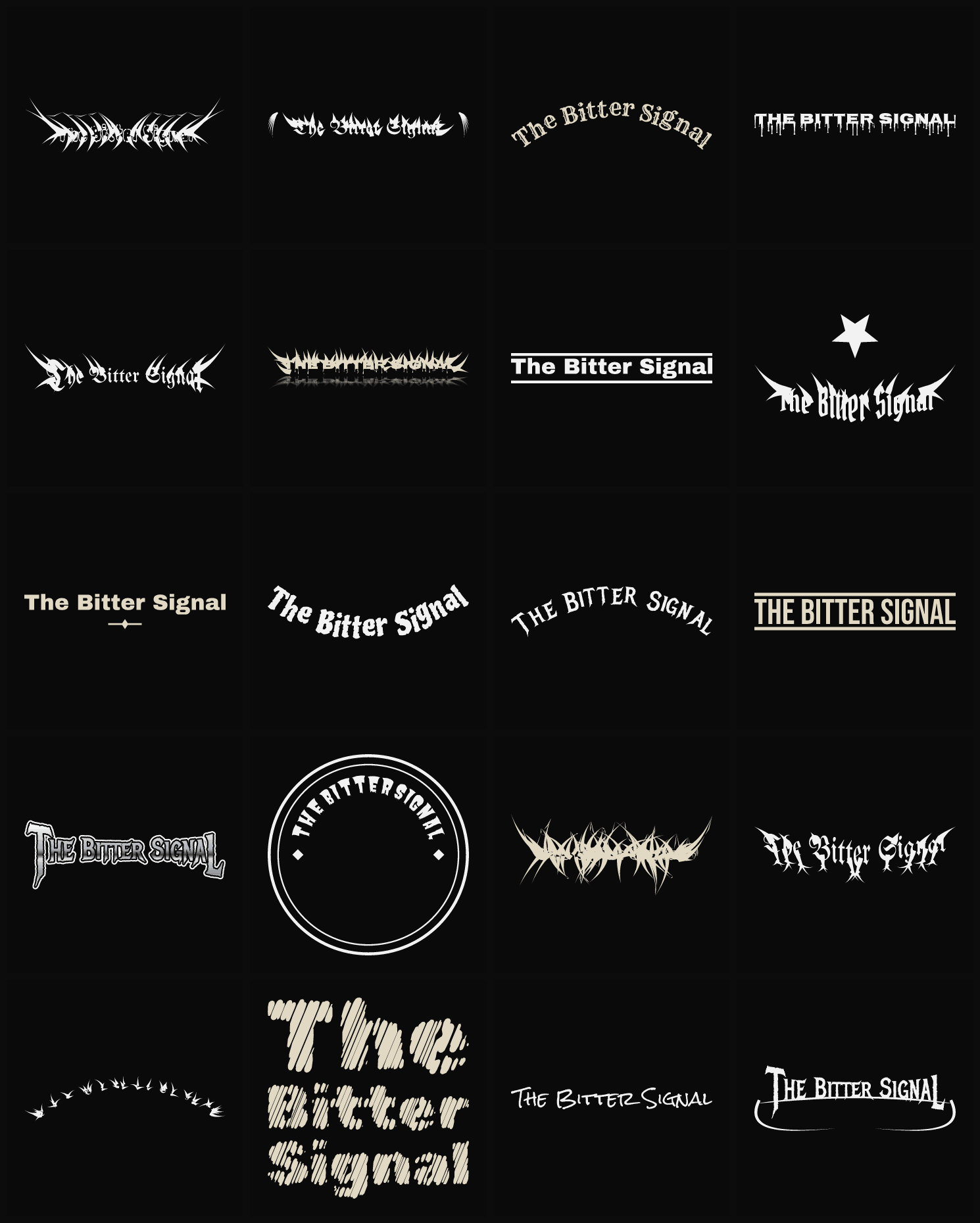 Twenty The Bitter Signal band logo ideas — different faces, treatments and spike settings