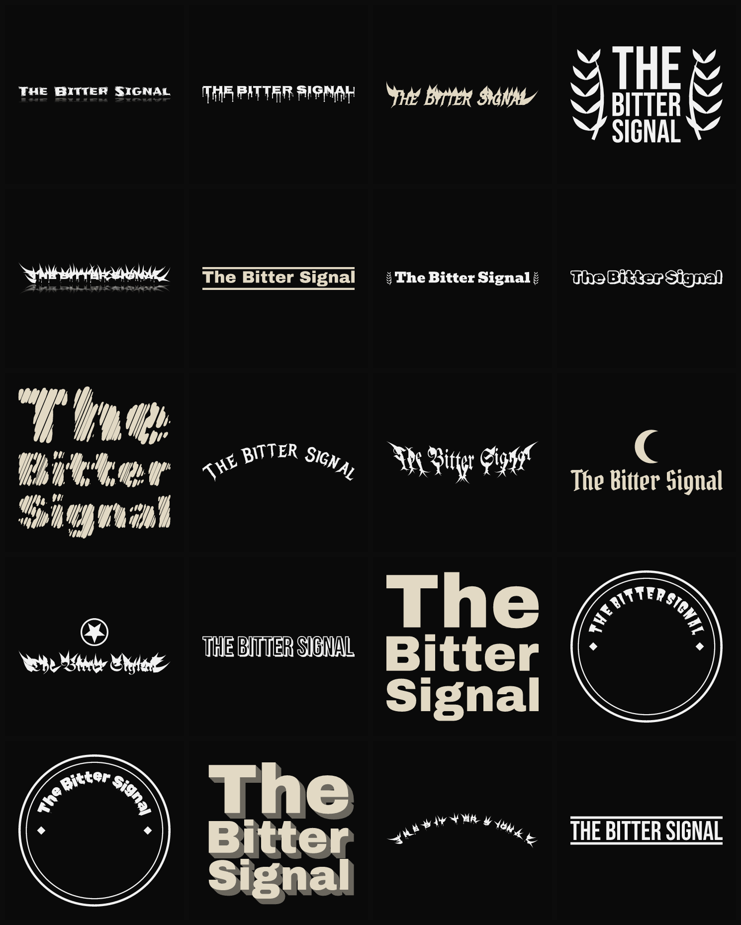 Twenty The Bitter Signal band logo ideas — different faces, treatments and spike settings