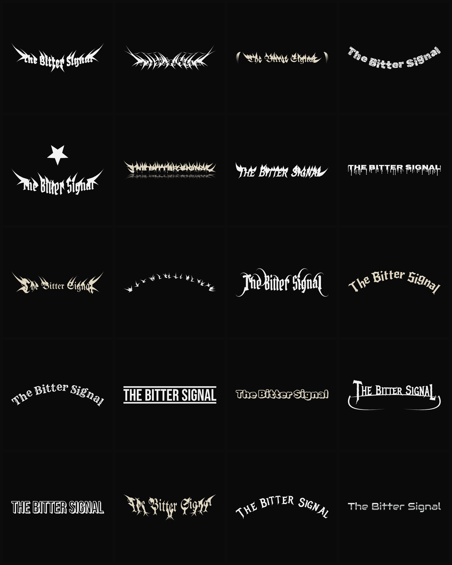 Twenty The Bitter Signal band logo ideas — different faces, treatments and spike settings