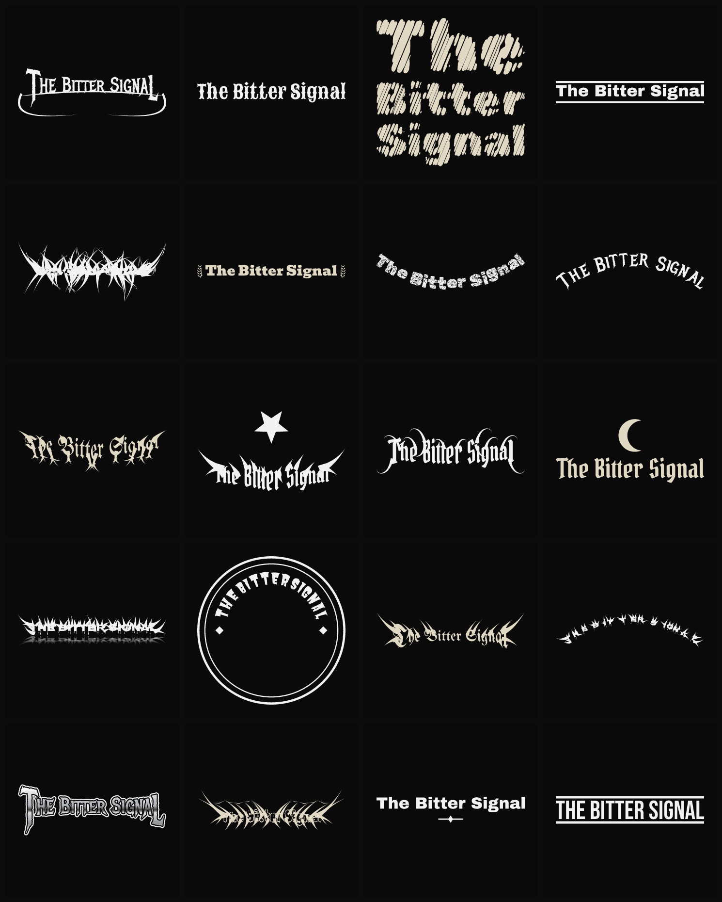 Twenty The Bitter Signal band logo ideas — different faces, treatments and spike settings