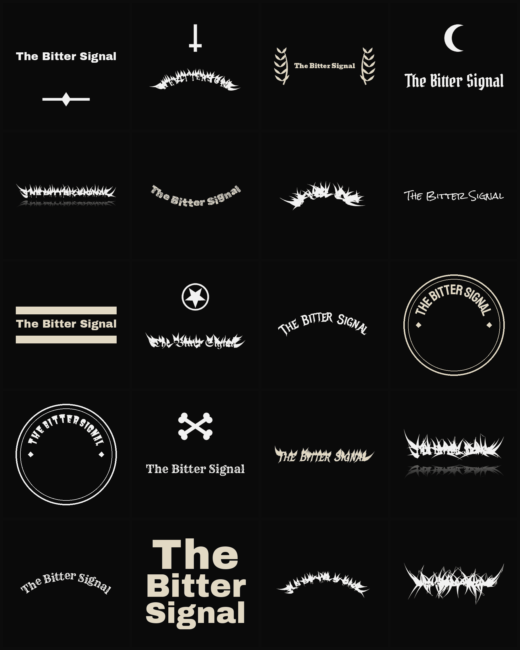 Twenty The Bitter Signal band logo ideas — different faces, treatments and spike settings