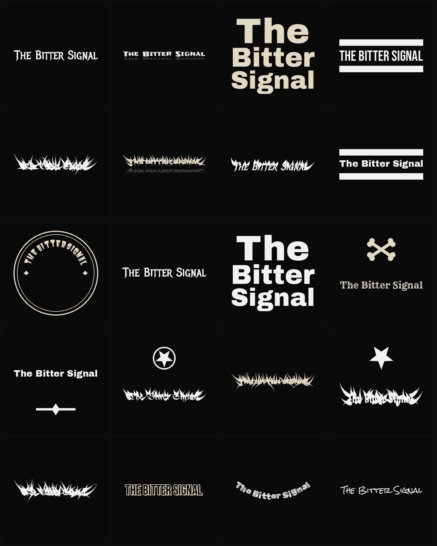 Twenty The Bitter Signal band logo ideas — different faces, treatments and spike settings