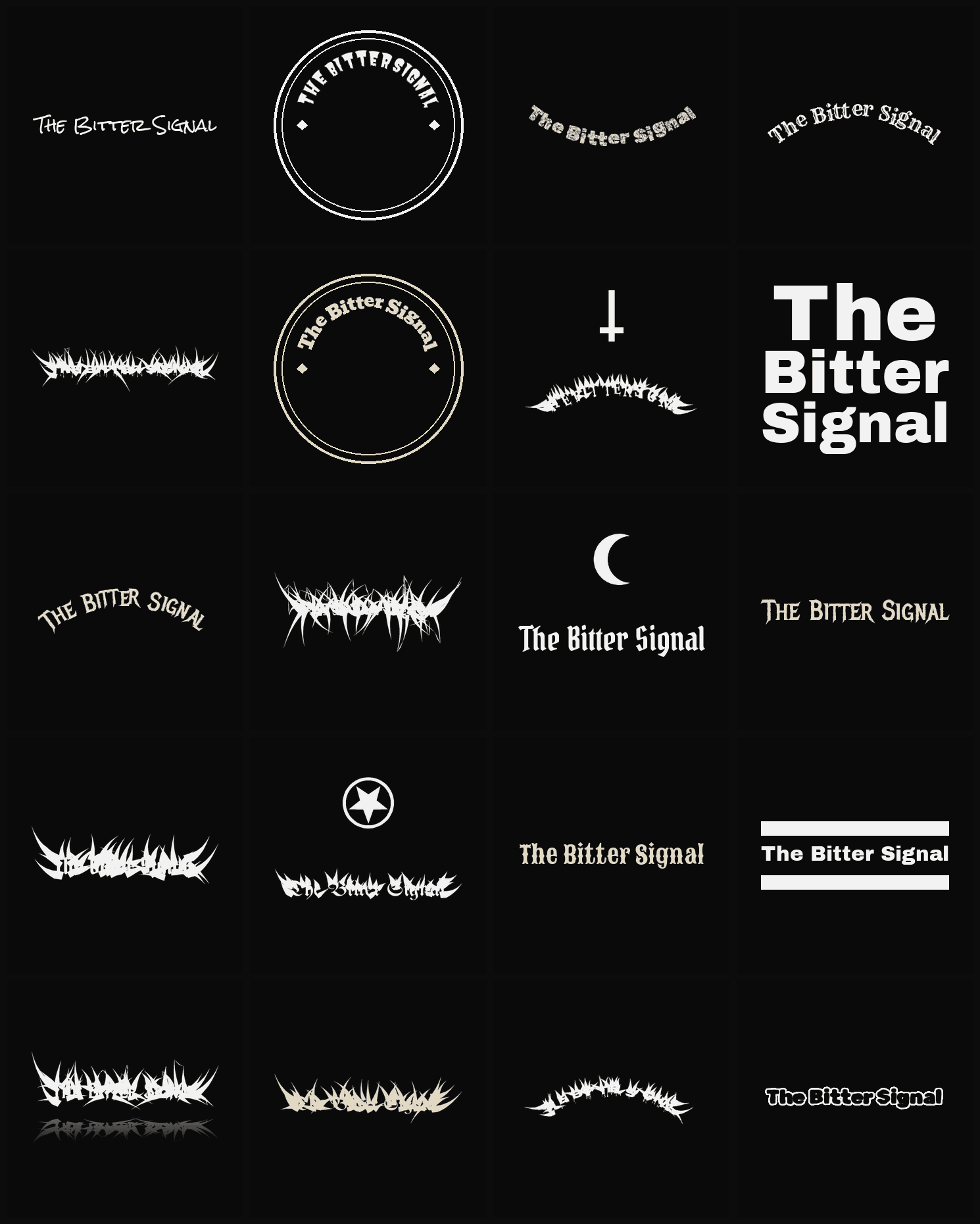 Twenty The Bitter Signal band logo ideas — different faces, treatments and spike settings