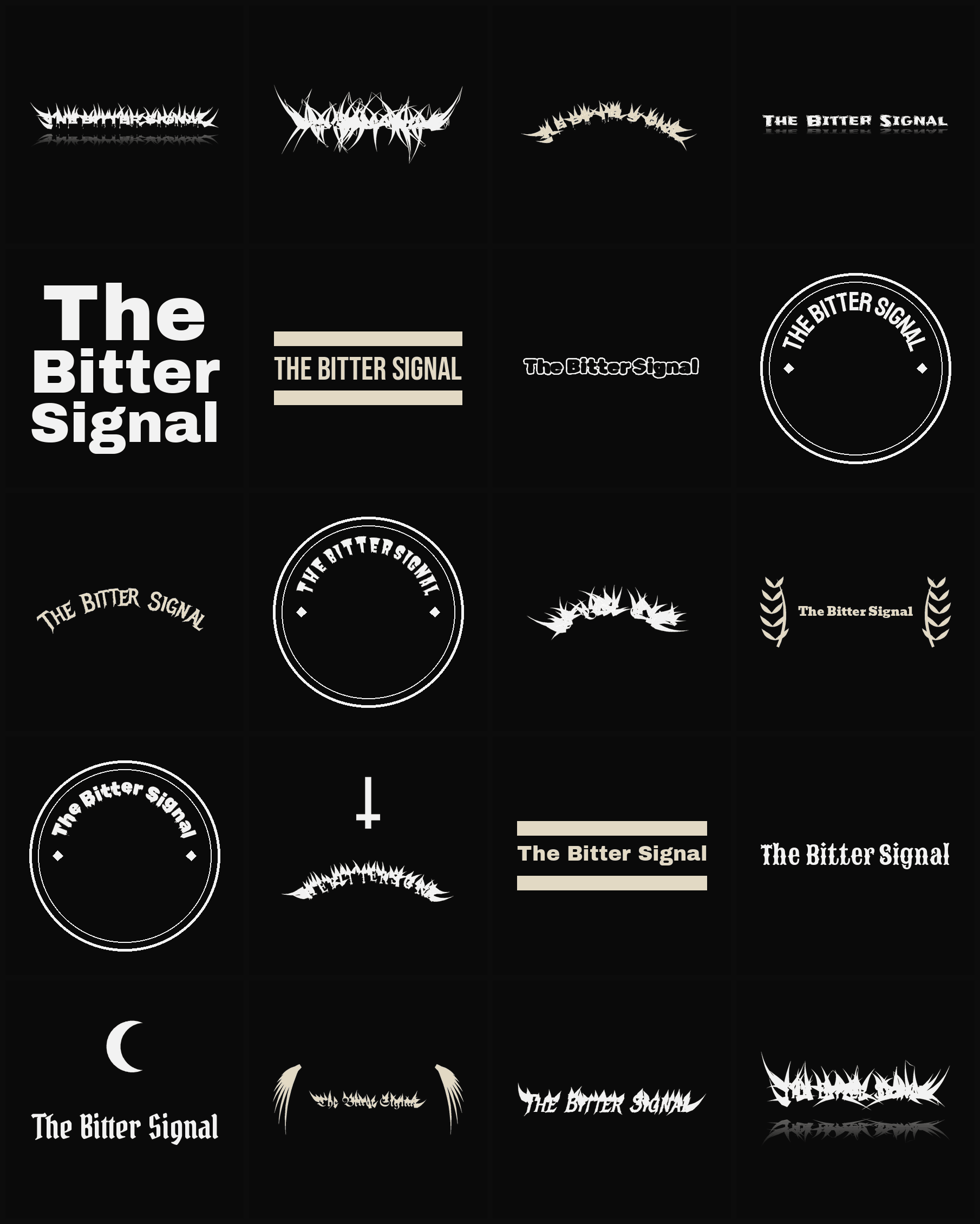 Twenty The Bitter Signal band logo ideas — different faces, treatments and spike settings