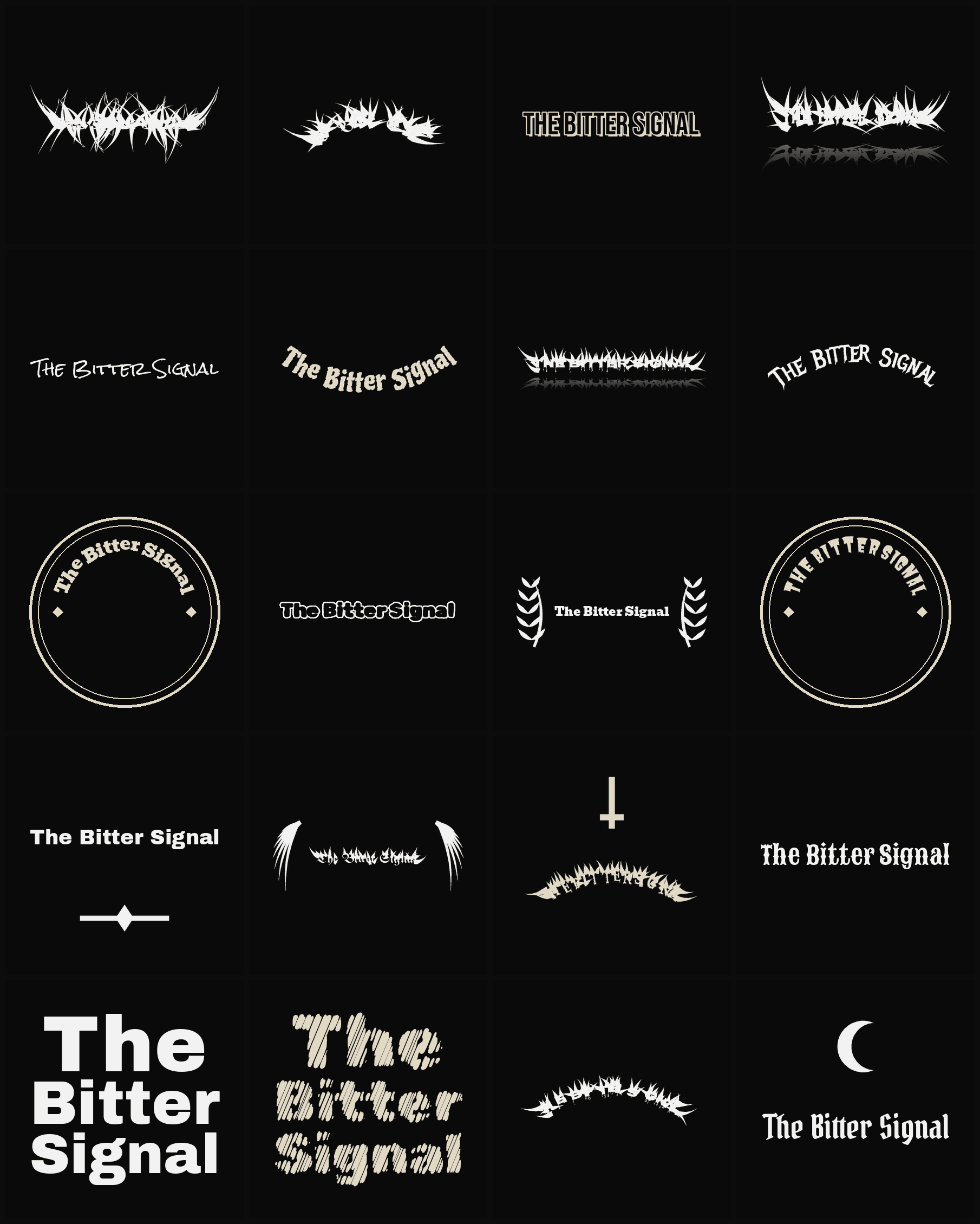 Twenty The Bitter Signal band logo ideas — different faces, treatments and spike settings