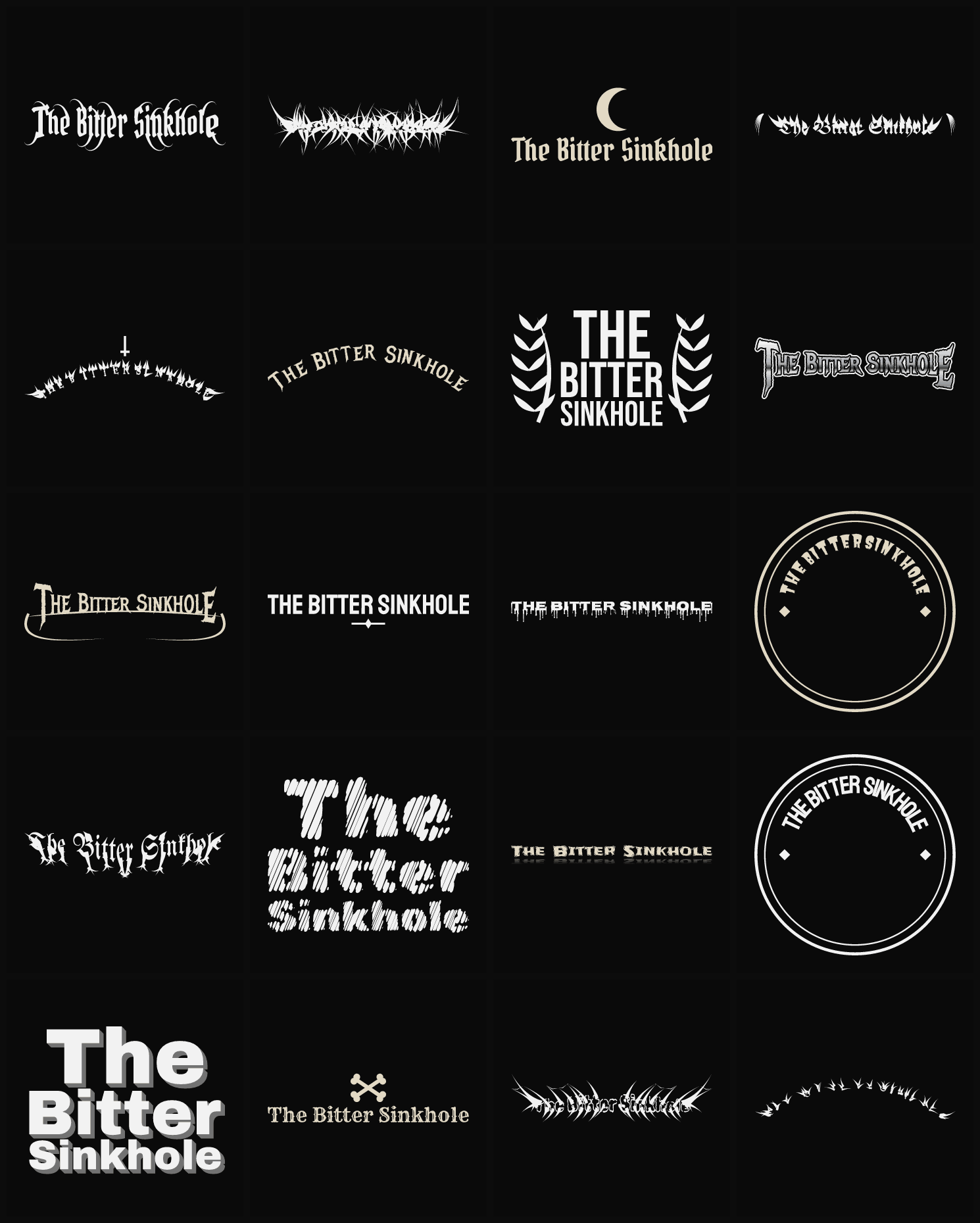Twenty The Bitter Sinkhole band logo ideas — different faces, treatments and spike settings