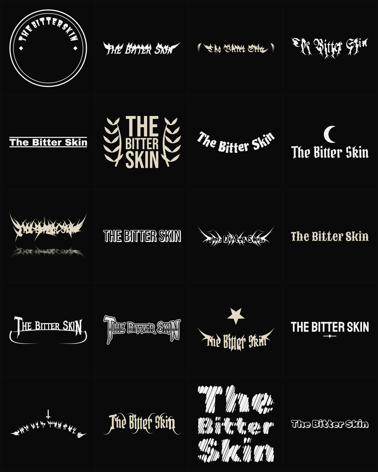Twenty The Bitter Skin band logo ideas — different faces, treatments and spike settings