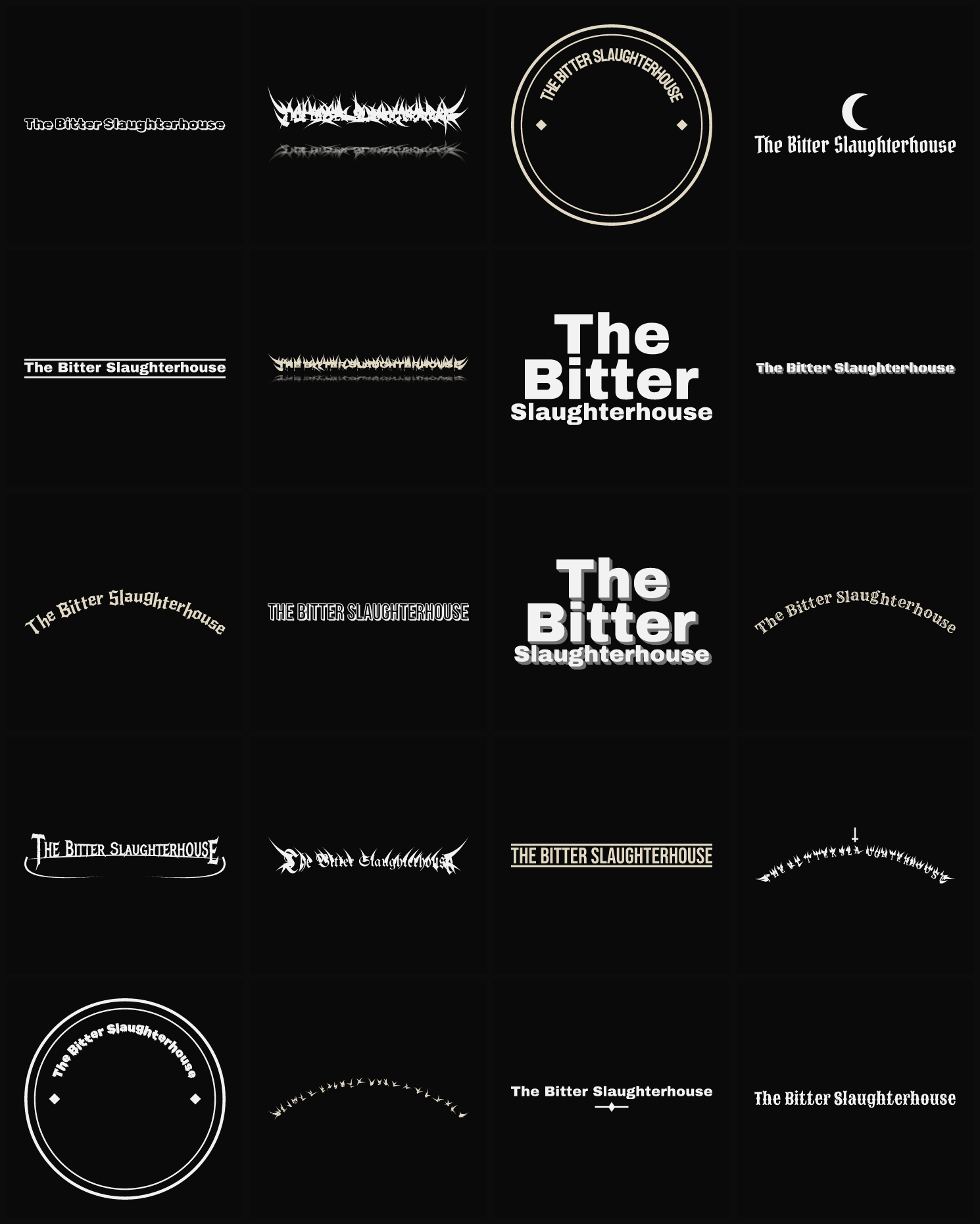 Twenty The Bitter Slaughterhouse band logo ideas — different faces, treatments and spike settings