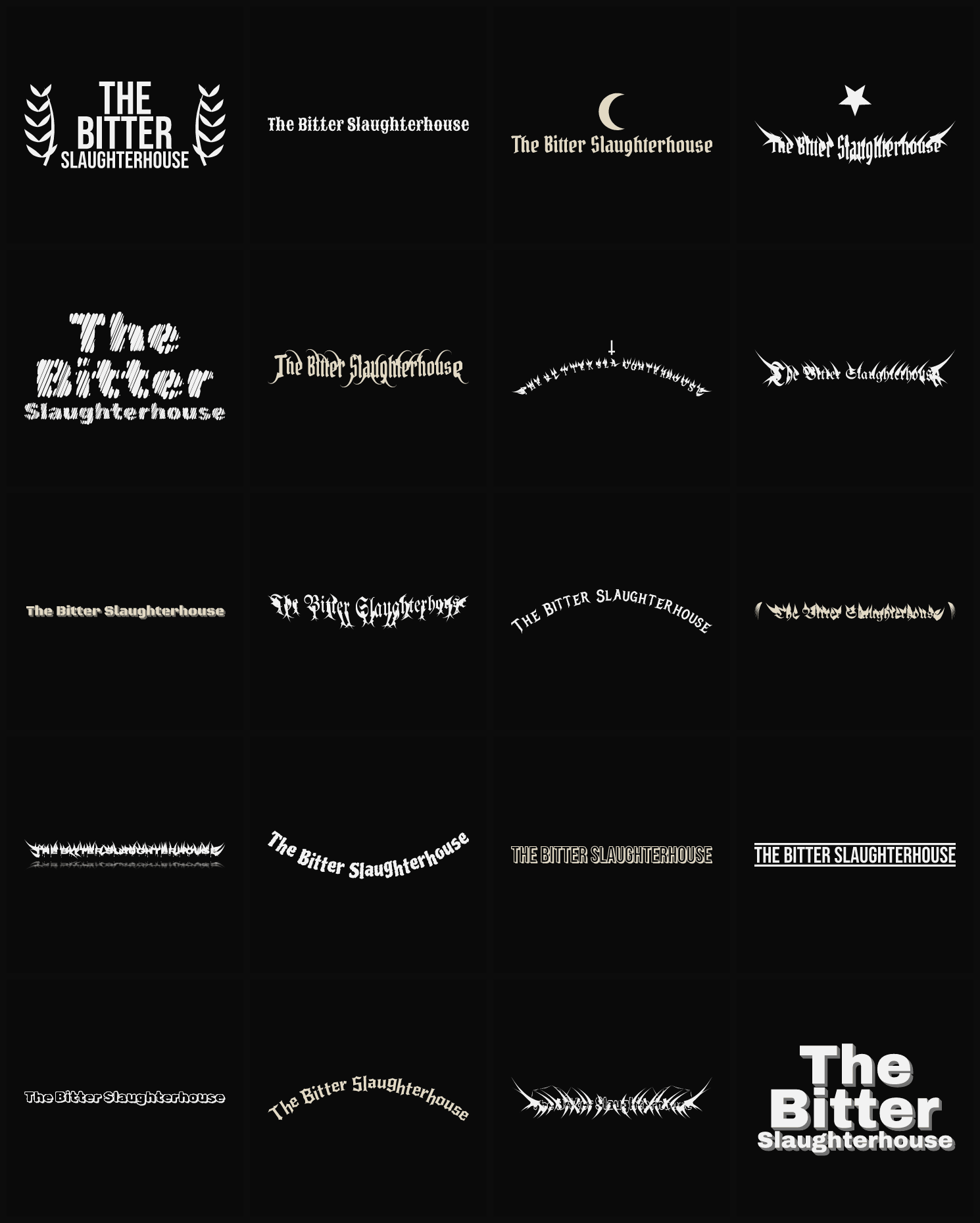 Twenty The Bitter Slaughterhouse band logo ideas — different faces, treatments and spike settings