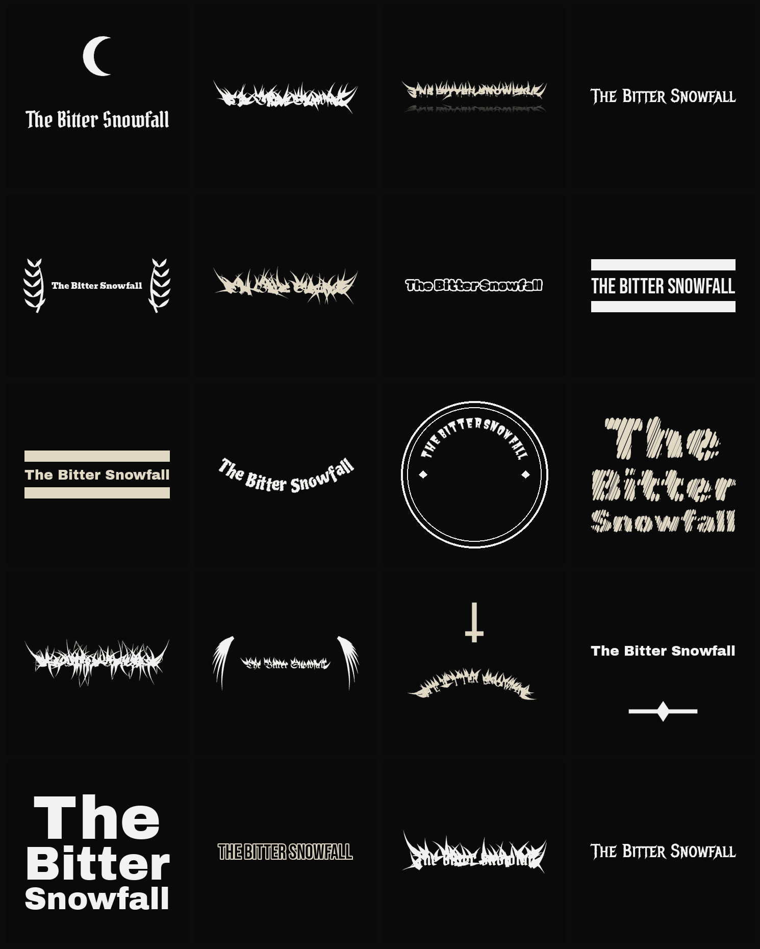 Twenty The Bitter Snowfall band logo ideas — different faces, treatments and spike settings