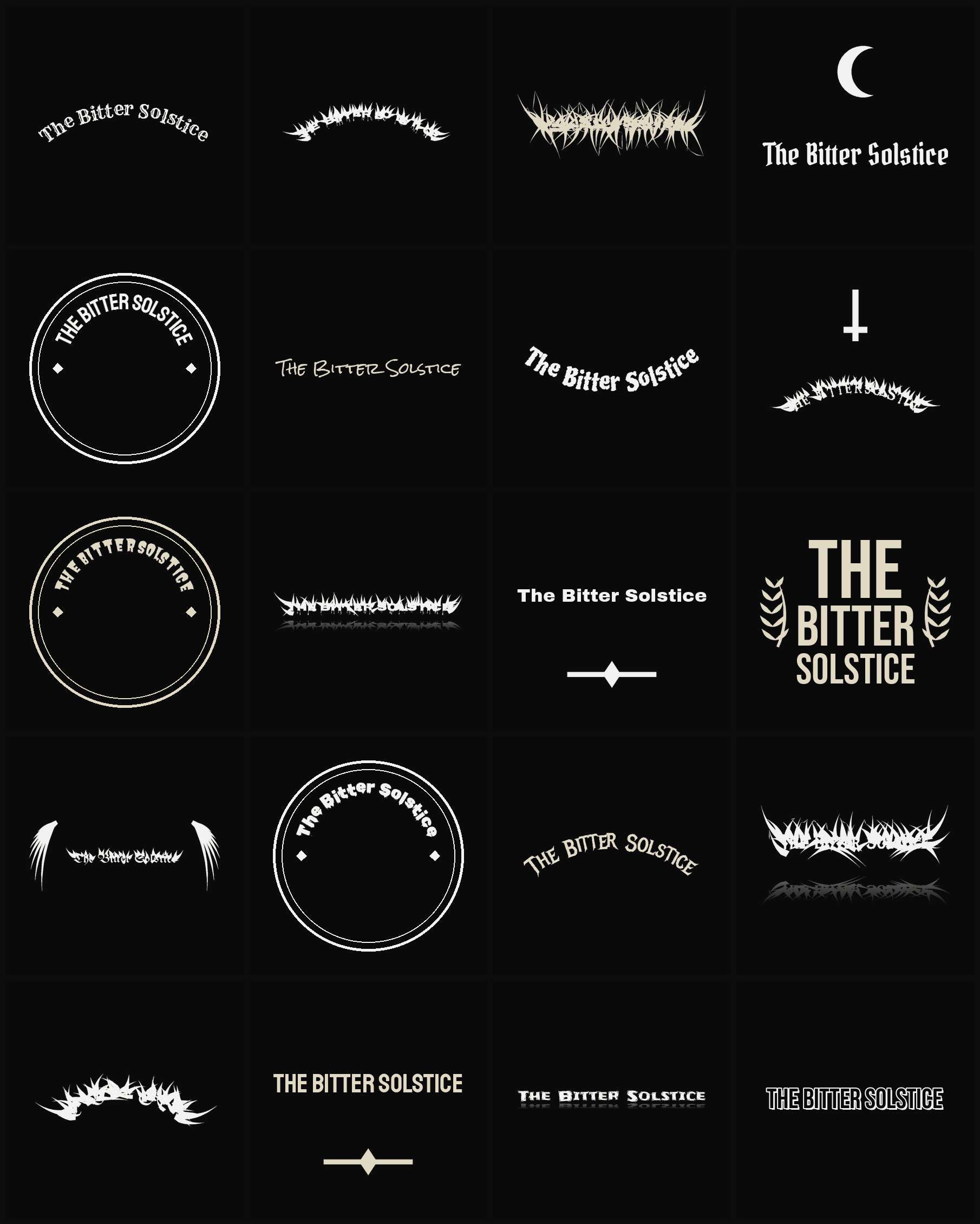 Twenty The Bitter Solstice band logo ideas — different faces, treatments and spike settings