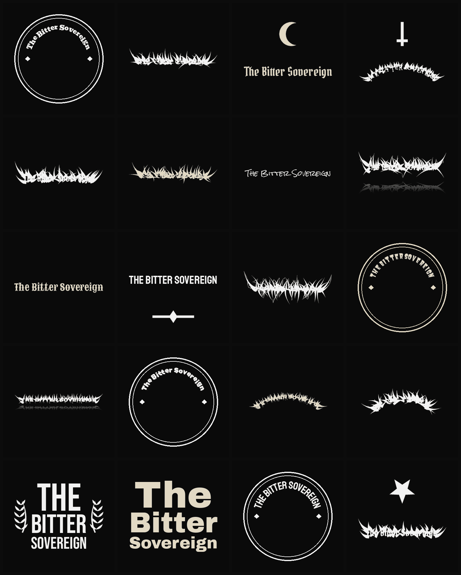 Twenty The Bitter Sovereign band logo ideas — different faces, treatments and spike settings