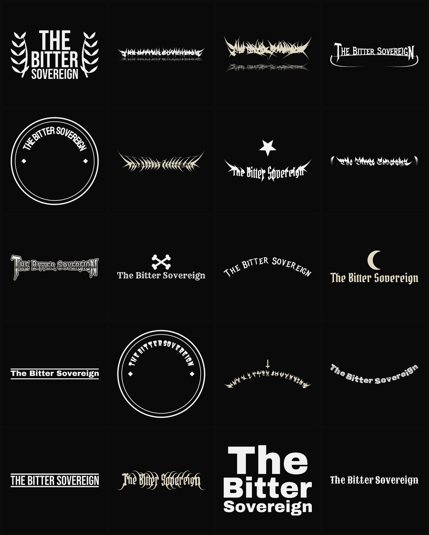 Twenty The Bitter Sovereign band logo ideas — different faces, treatments and spike settings