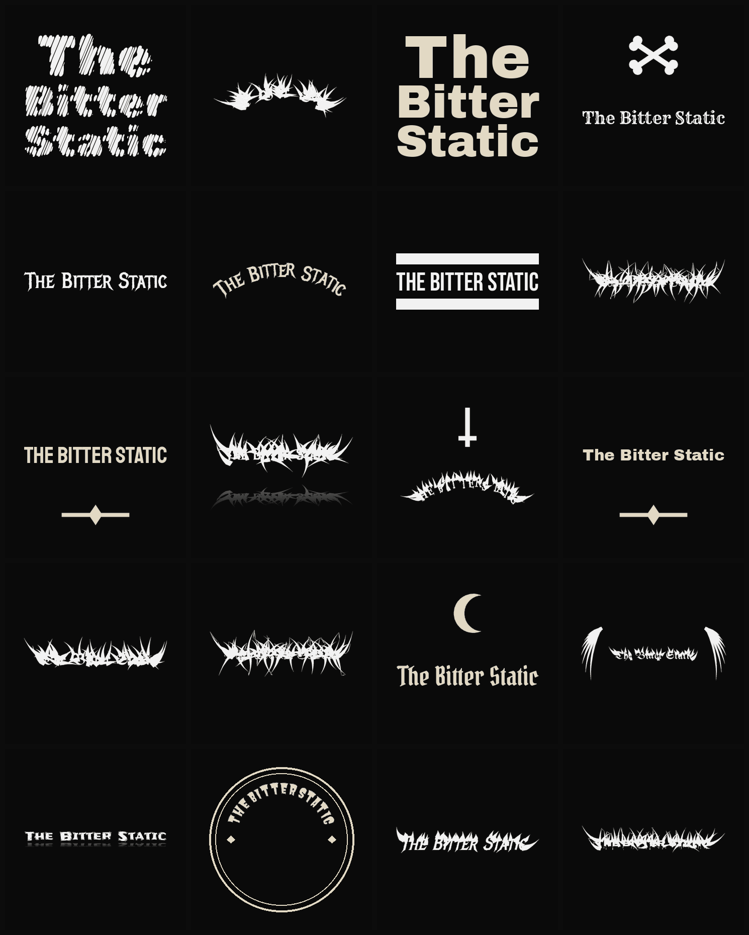 Twenty The Bitter Static band logo ideas — different faces, treatments and spike settings