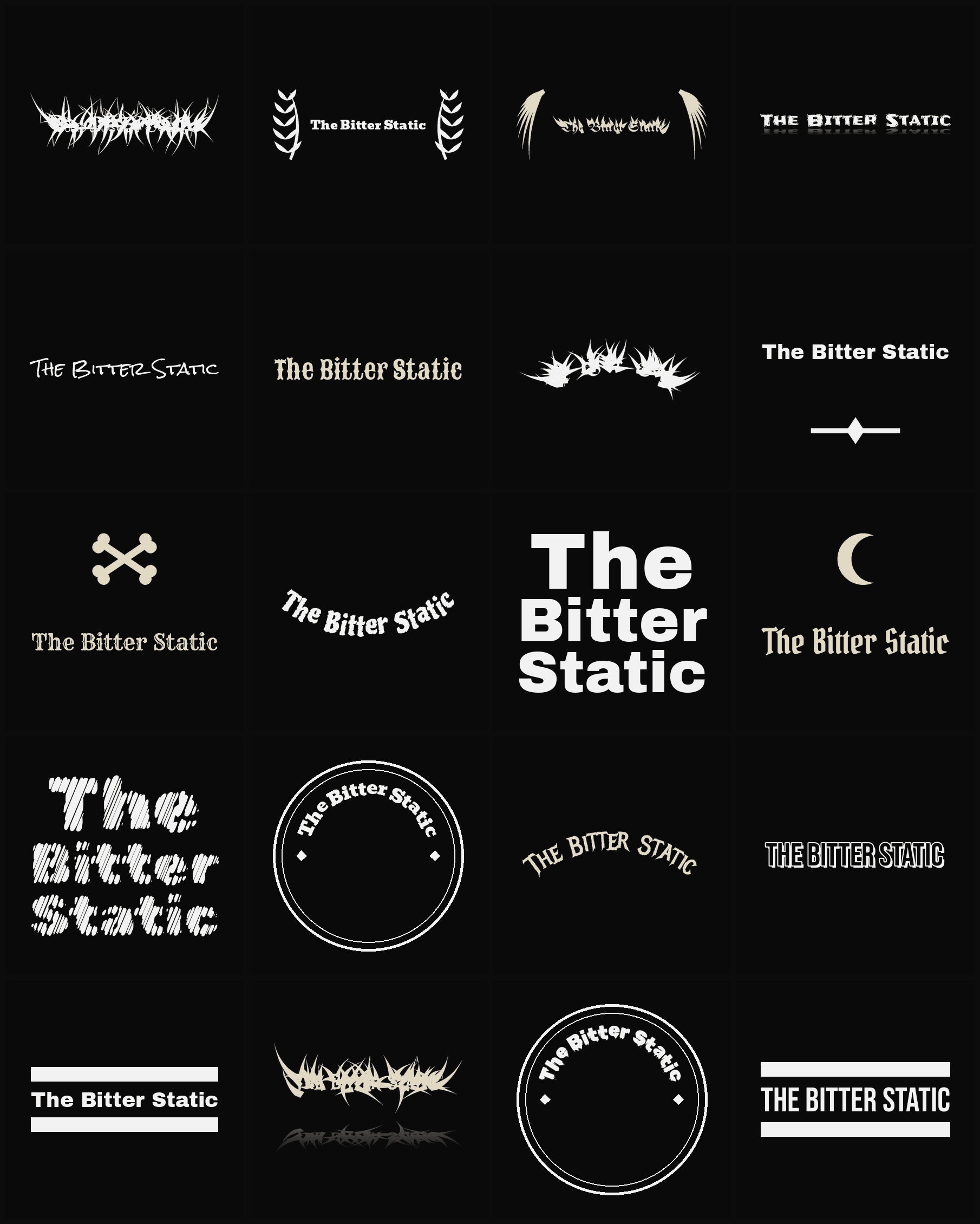 Twenty The Bitter Static band logo ideas — different faces, treatments and spike settings