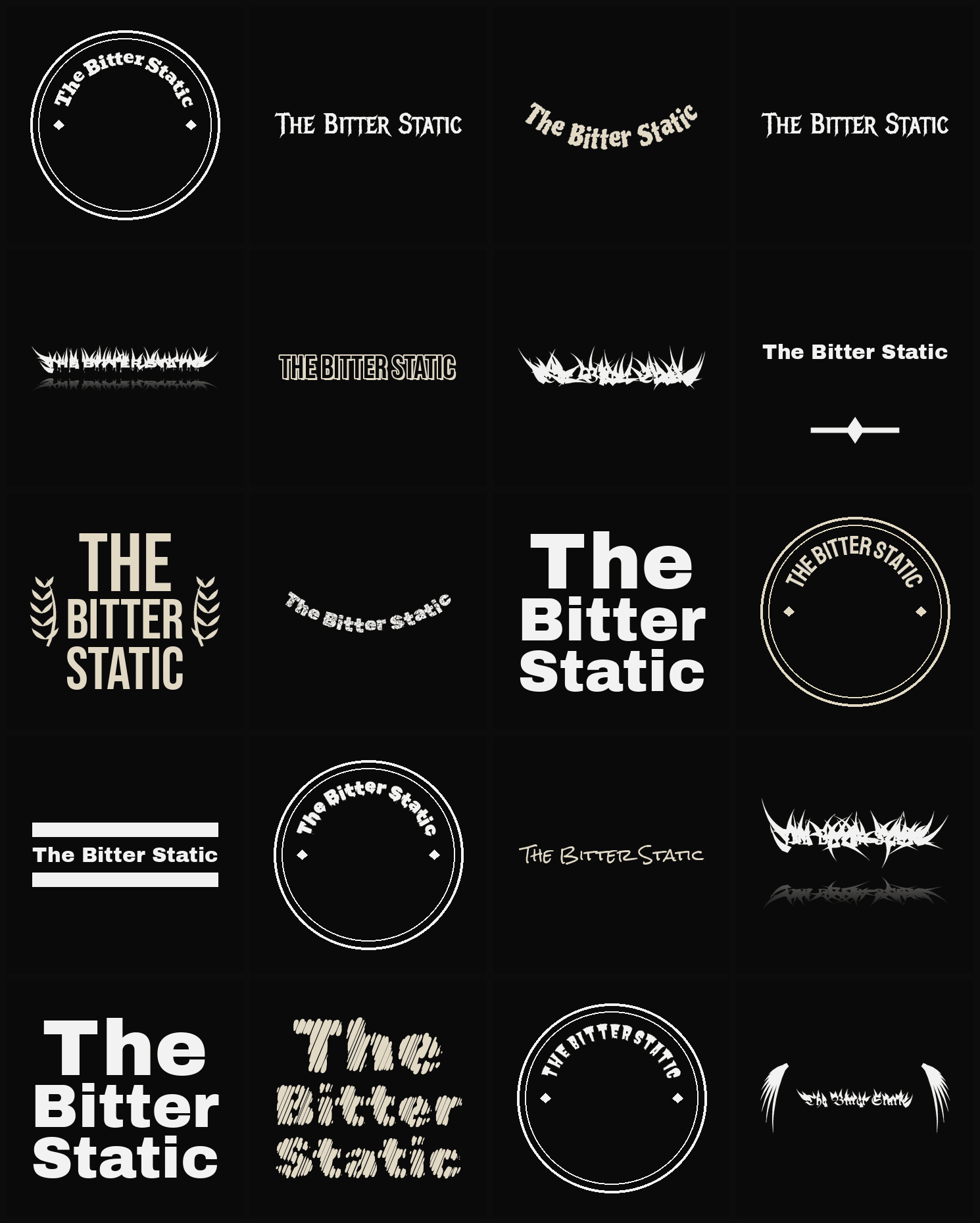 Twenty The Bitter Static band logo ideas — different faces, treatments and spike settings