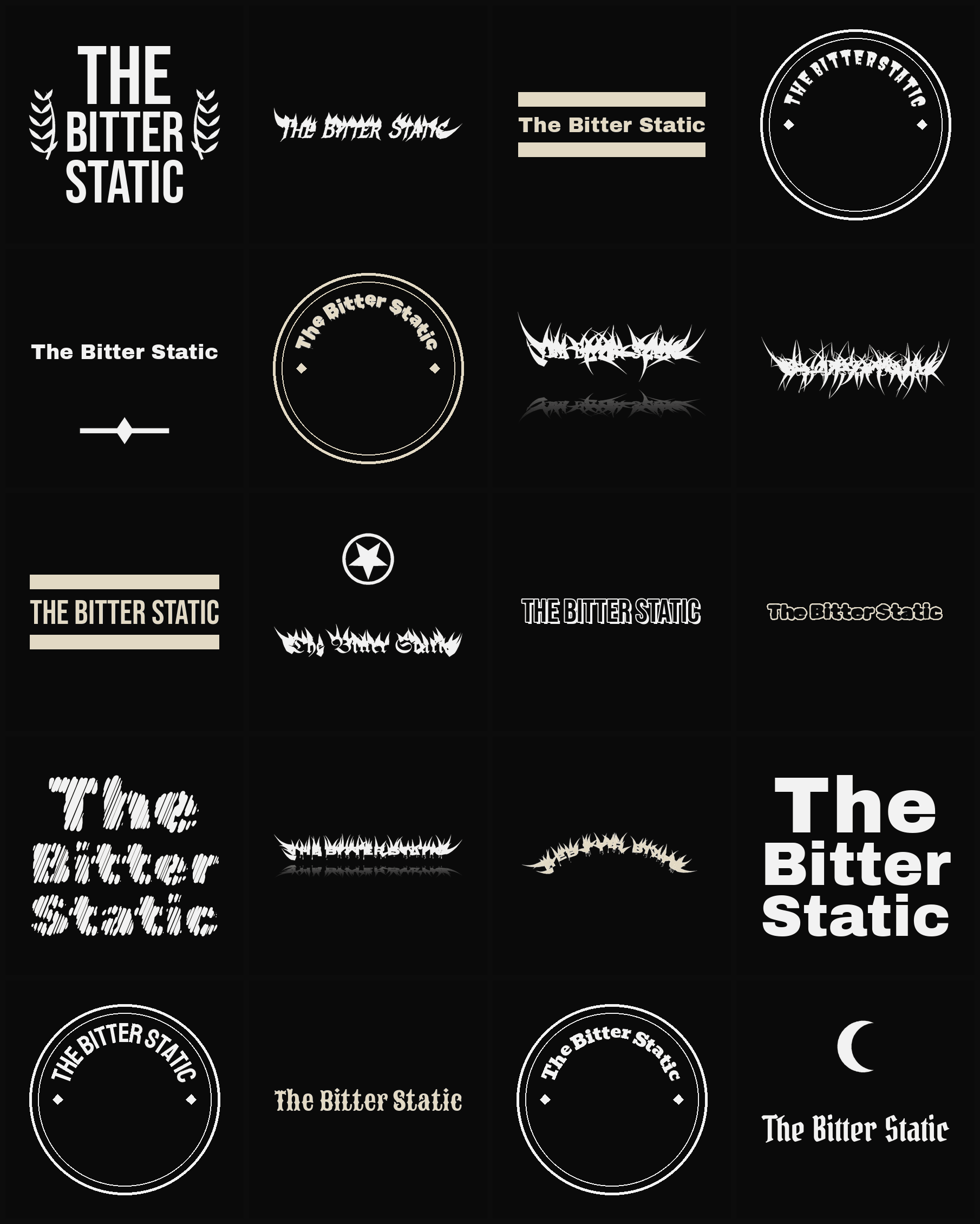 Twenty The Bitter Static band logo ideas — different faces, treatments and spike settings