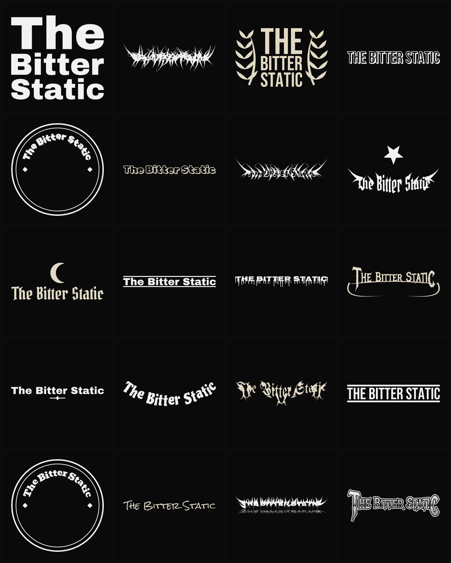 Twenty The Bitter Static band logo ideas — different faces, treatments and spike settings