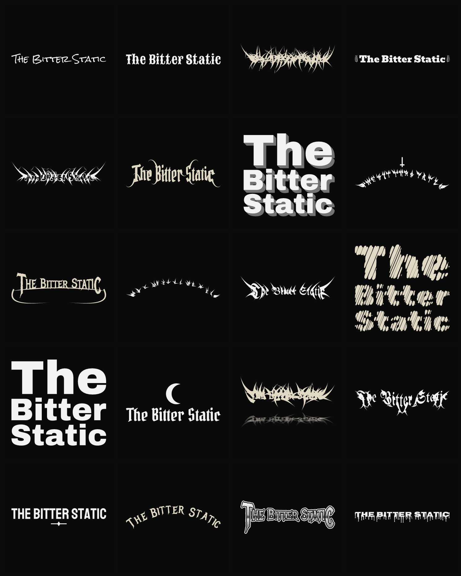 Twenty The Bitter Static band logo ideas — different faces, treatments and spike settings