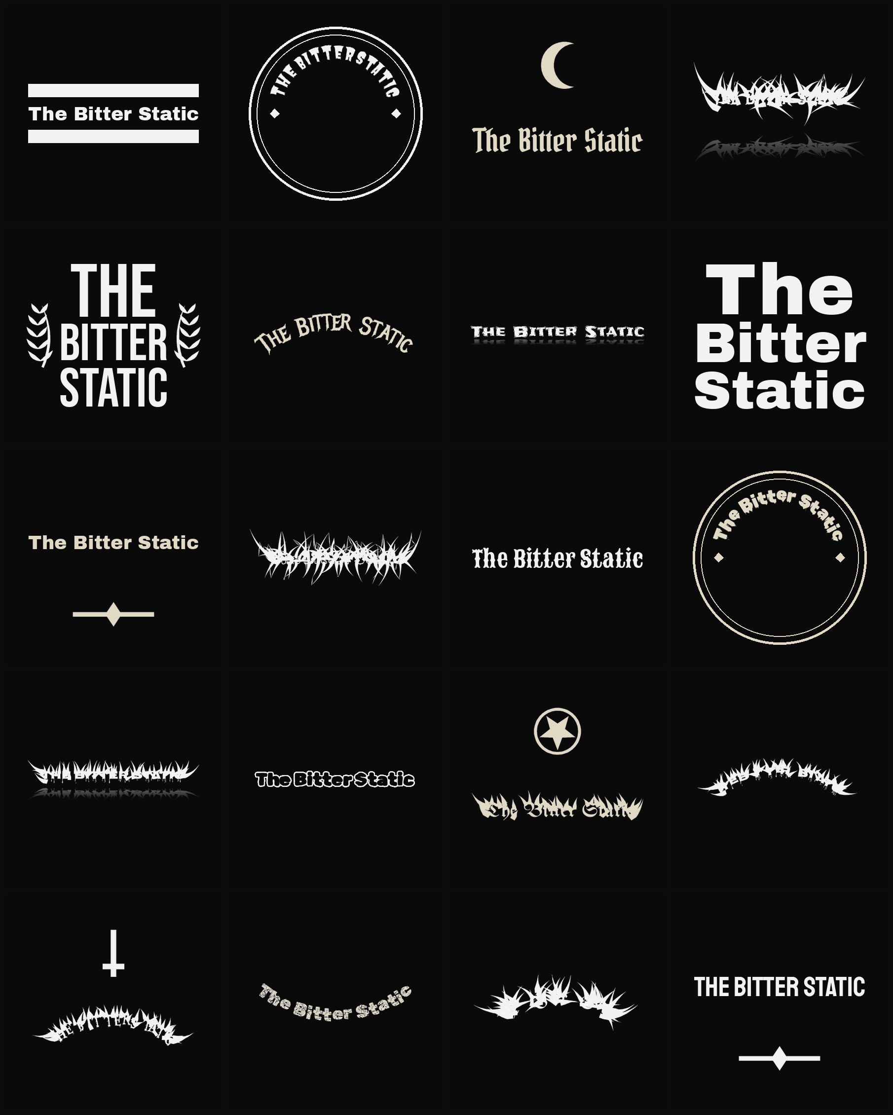 Twenty The Bitter Static band logo ideas — different faces, treatments and spike settings
